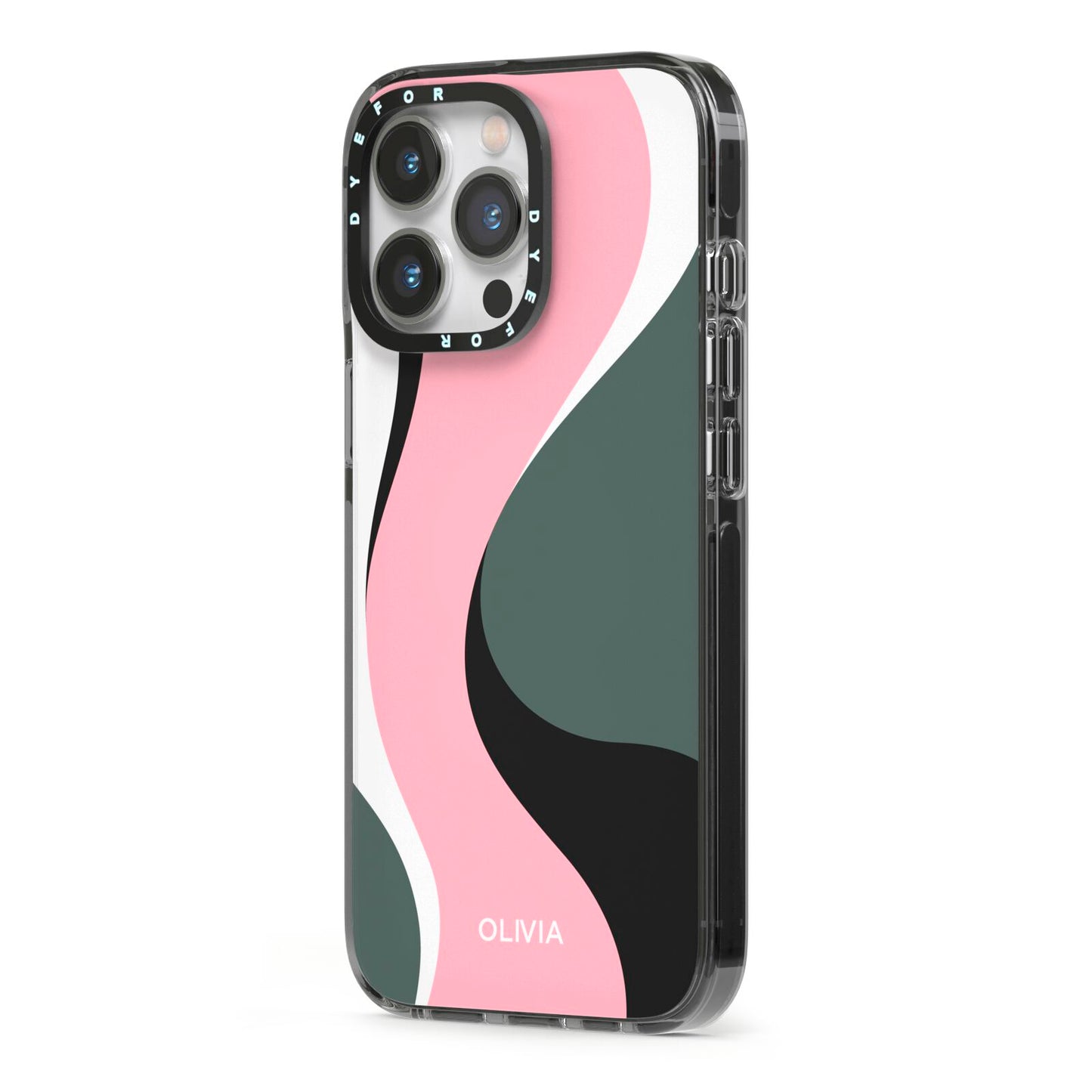 Abstract Name iPhone 13 Pro Black Impact Case Side Angle on Silver phone