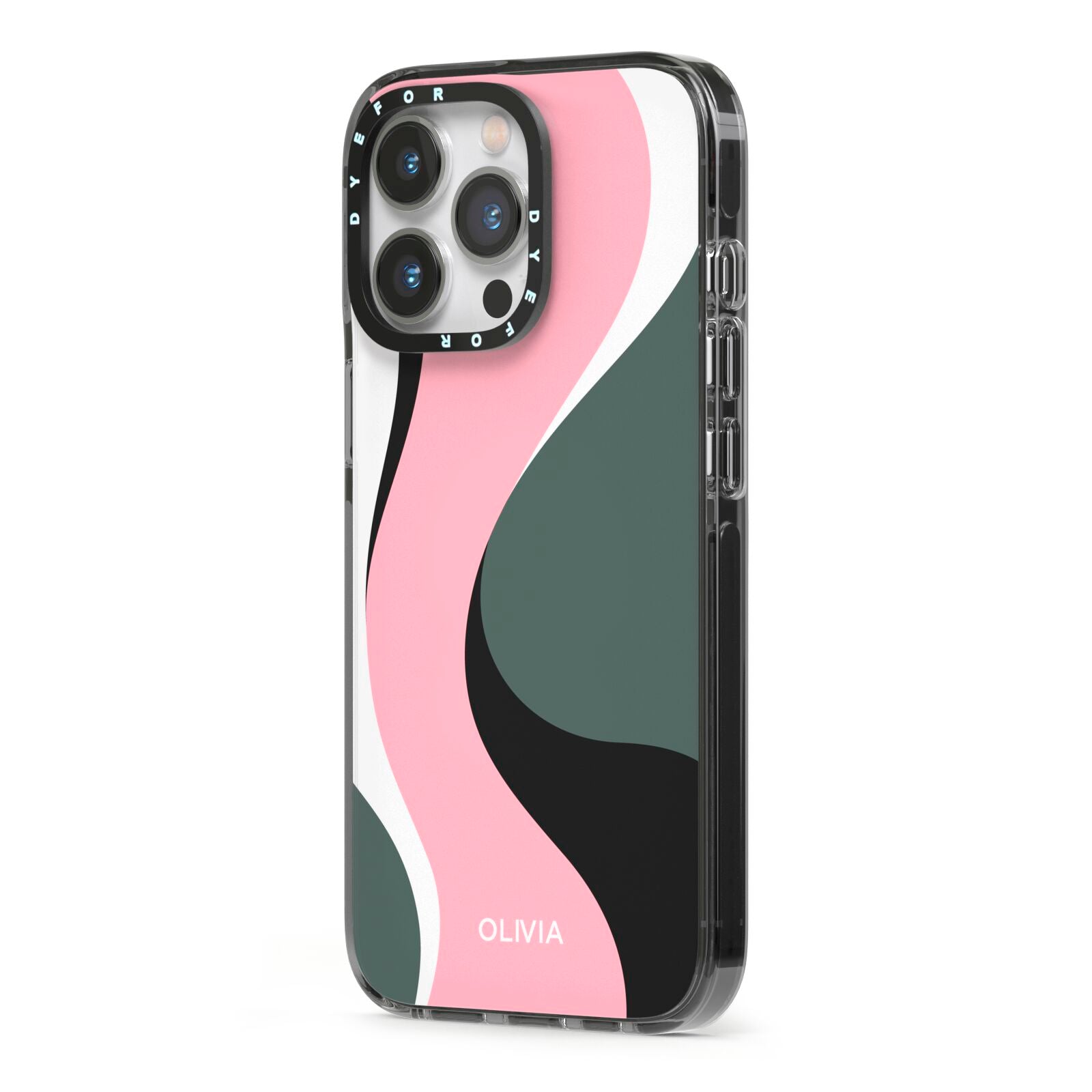 Abstract Name iPhone 13 Pro Black Impact Case Side Angle on Silver phone