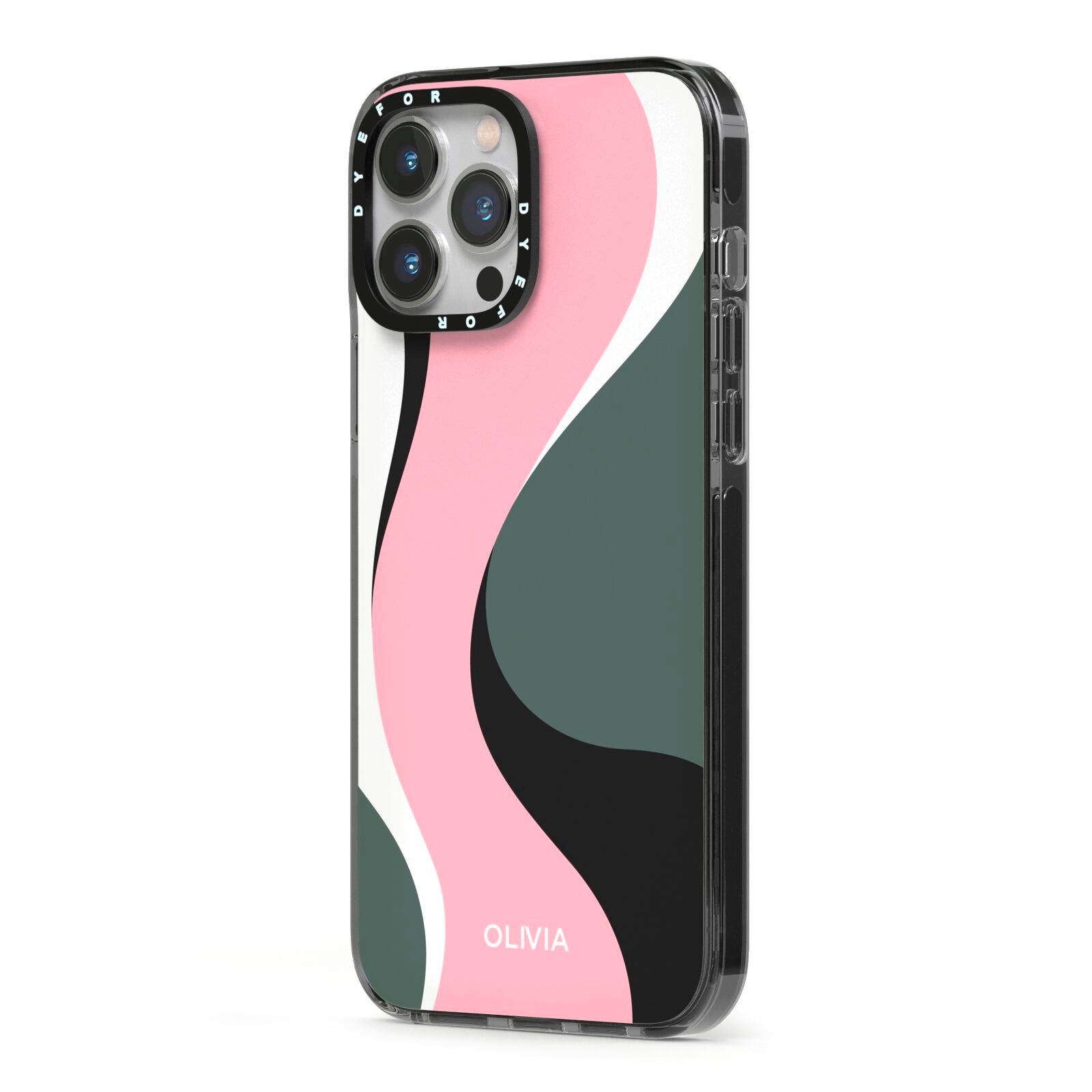 Abstract Name iPhone 13 Pro Max Black Impact Case Side Angle on Silver phone
