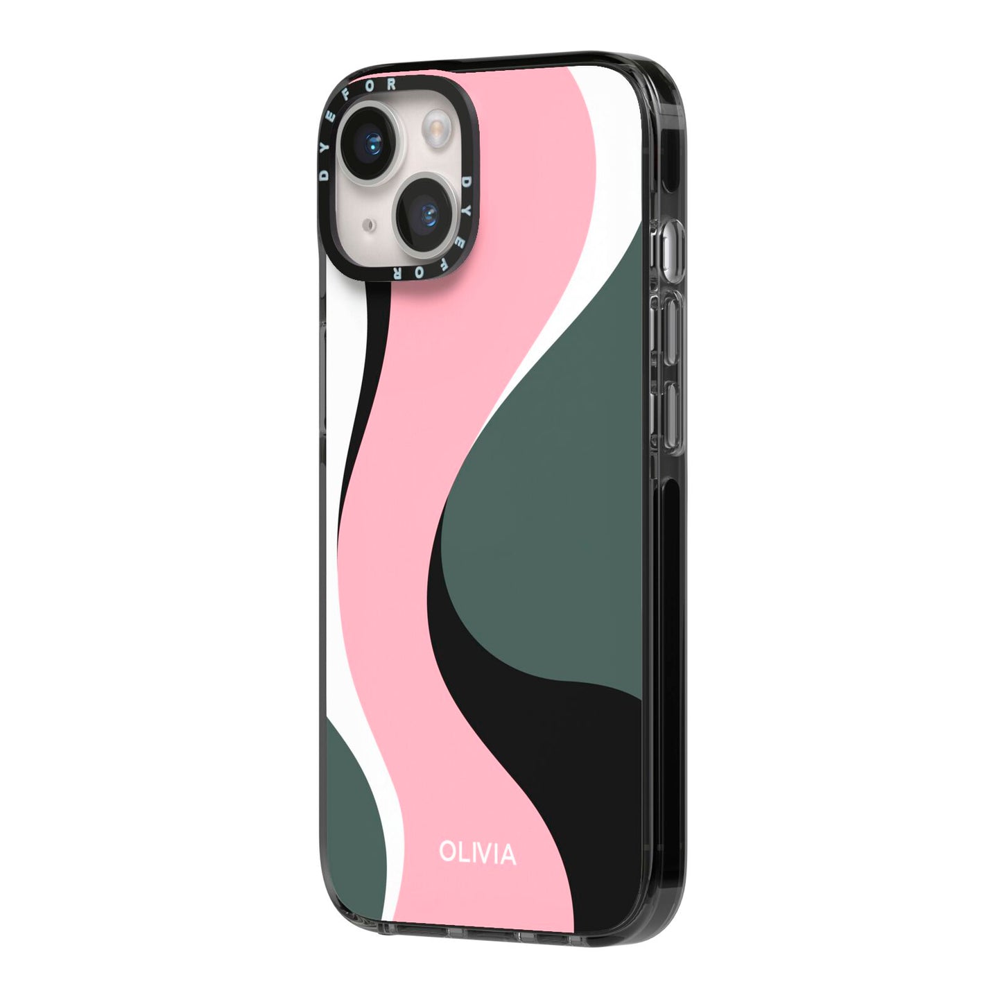 Abstract Name iPhone 14 Black Impact Case Side Angle on Silver phone