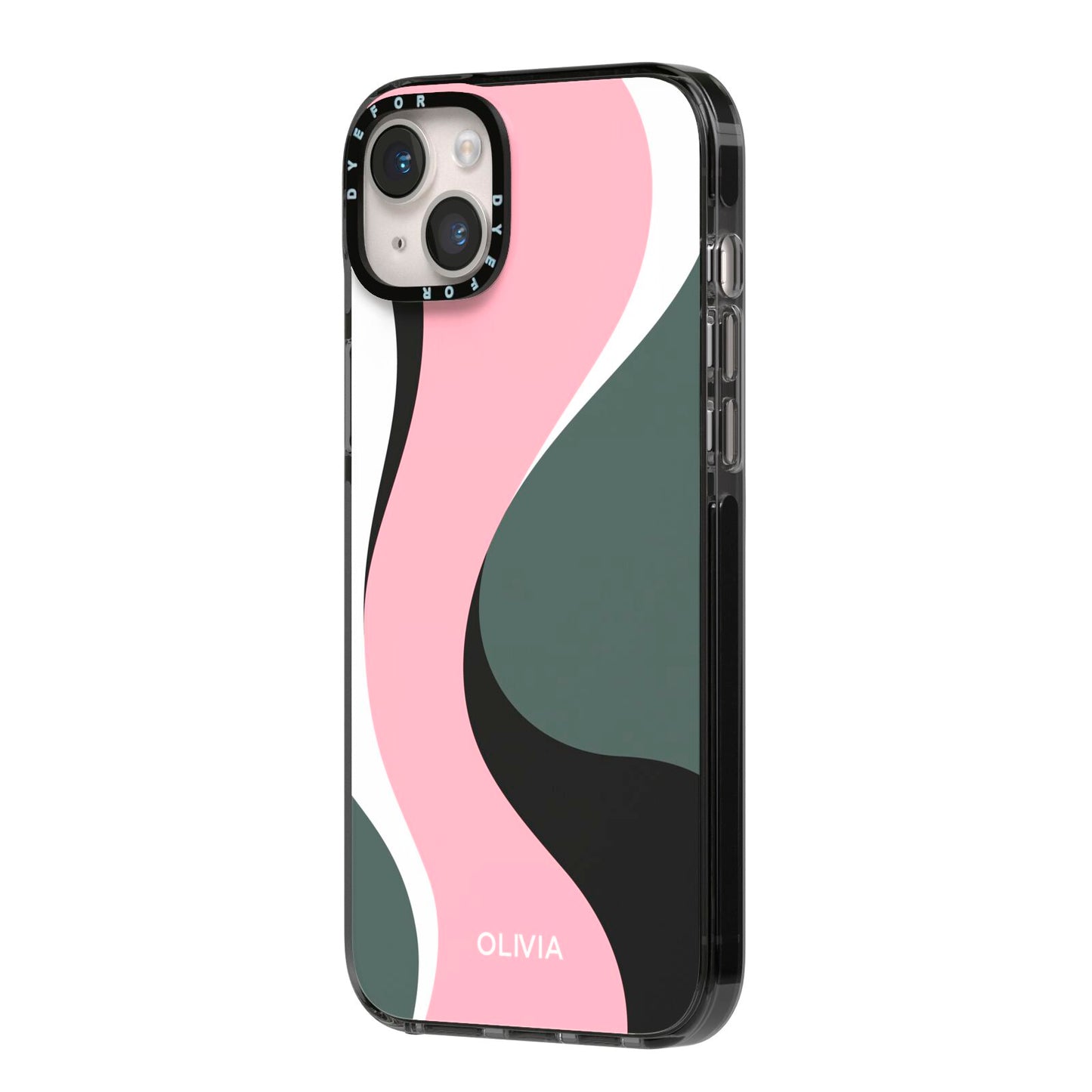 Abstract Name iPhone 14 Plus Black Impact Case Side Angle on Silver phone