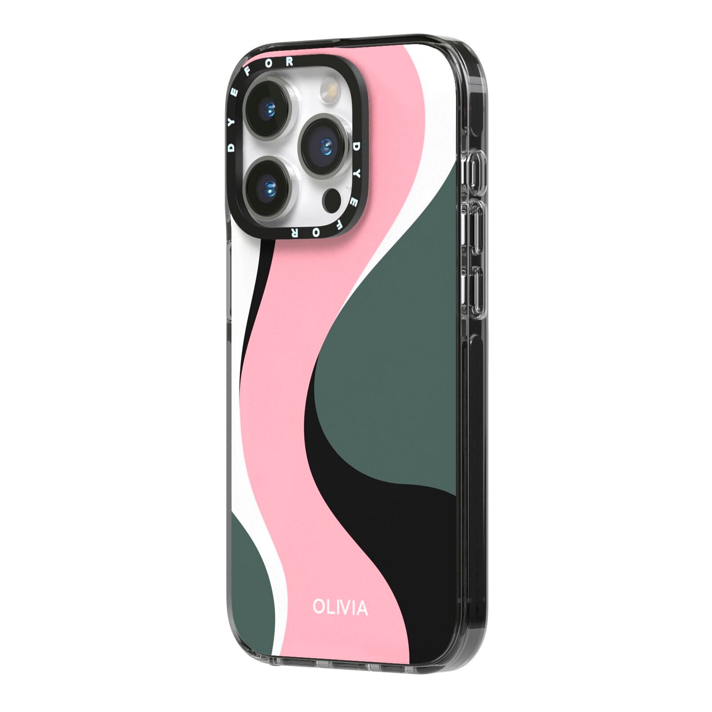 Abstract Name iPhone 14 Pro Black Impact Case Side Angle on Silver phone