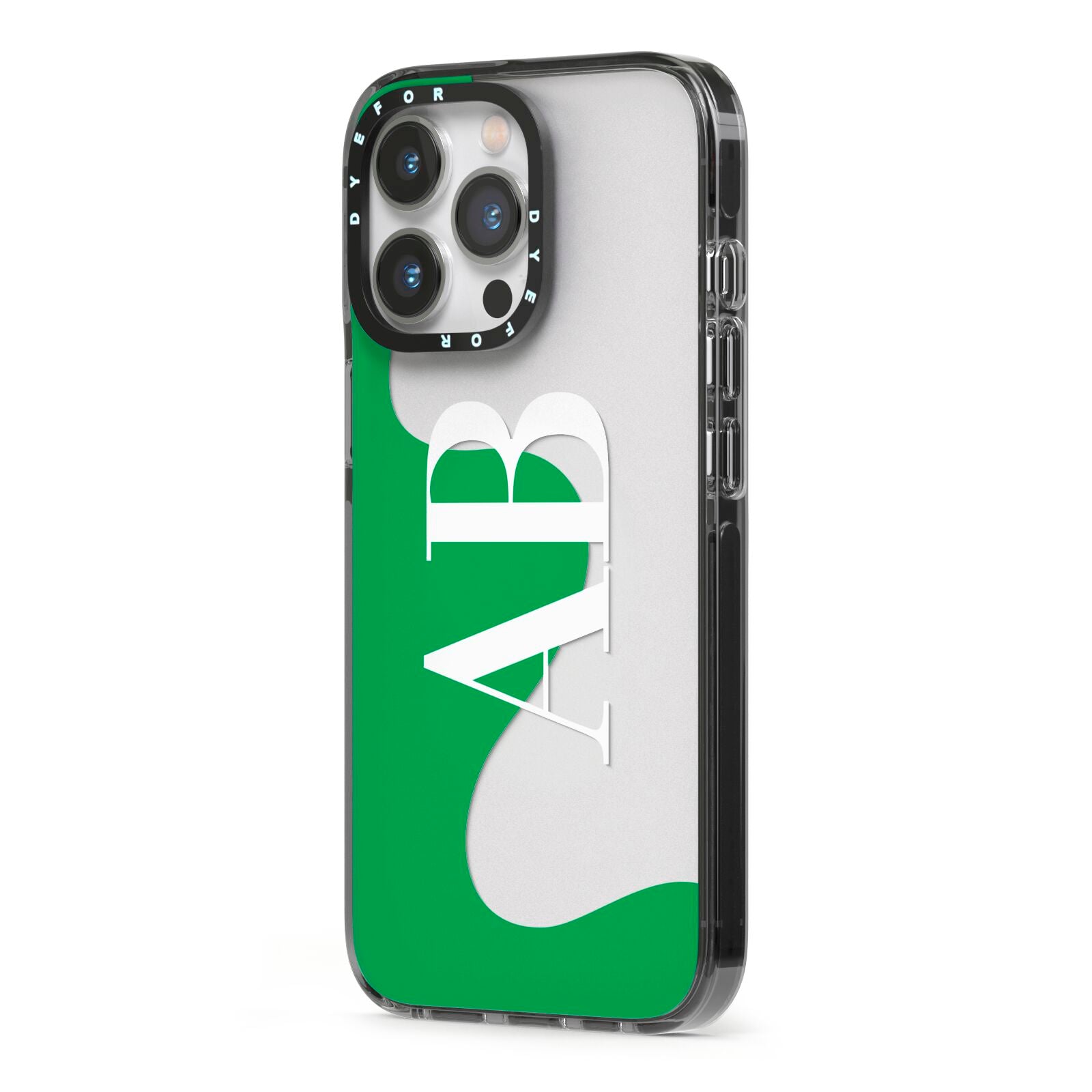 Abstract Personalised Initials iPhone 13 Pro Black Impact Case Side Angle on Silver phone