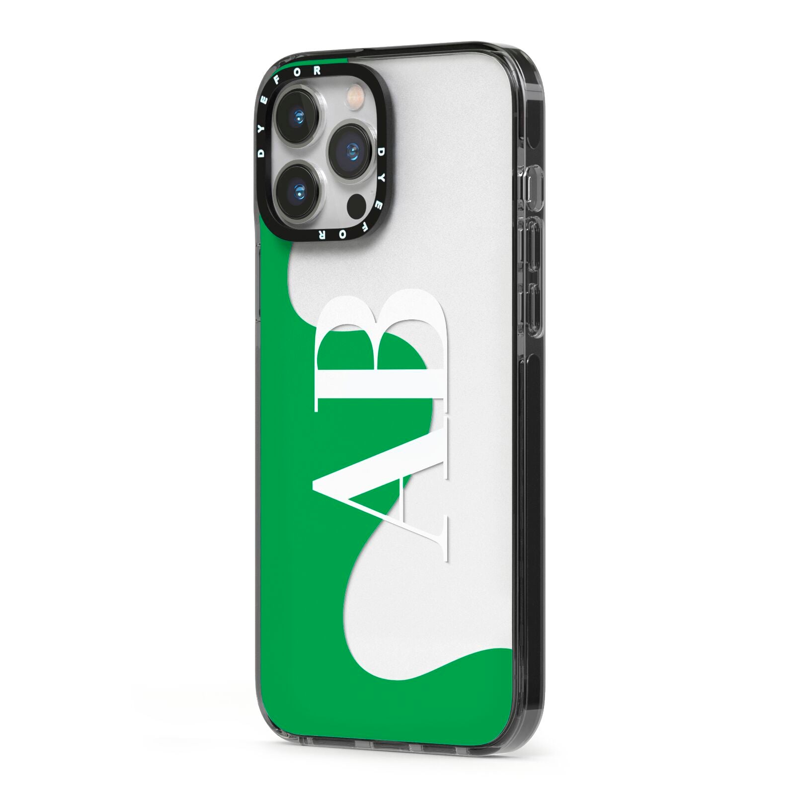 Abstract Personalised Initials iPhone 13 Pro Max Black Impact Case Side Angle on Silver phone