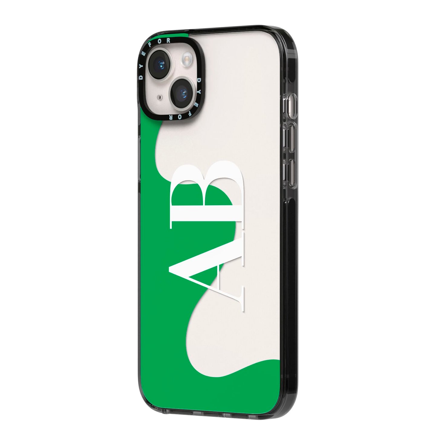 Abstract Personalised Initials iPhone 14 Plus Black Impact Case Side Angle on Silver phone