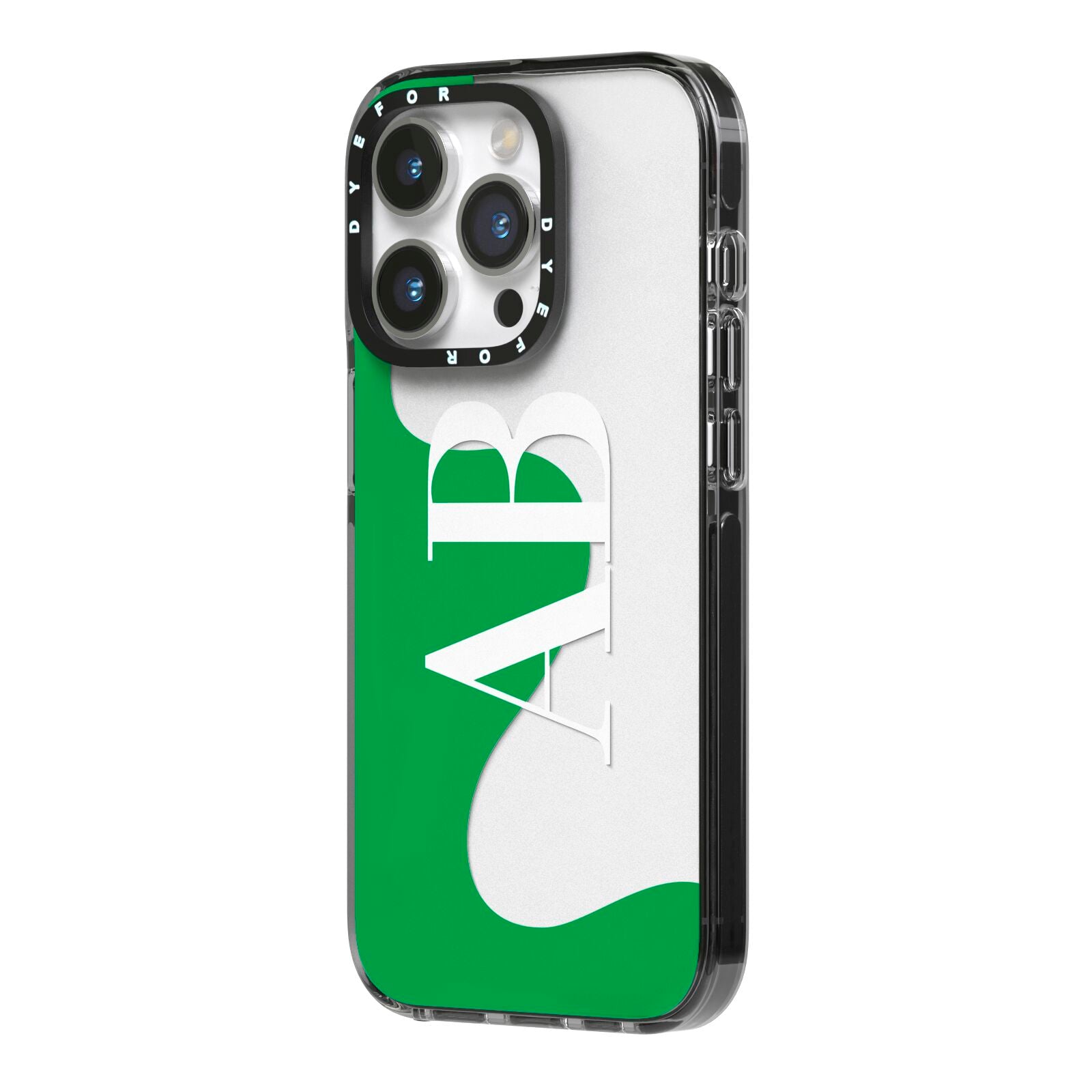 Abstract Personalised Initials iPhone 14 Pro Black Impact Case Side Angle on Silver phone