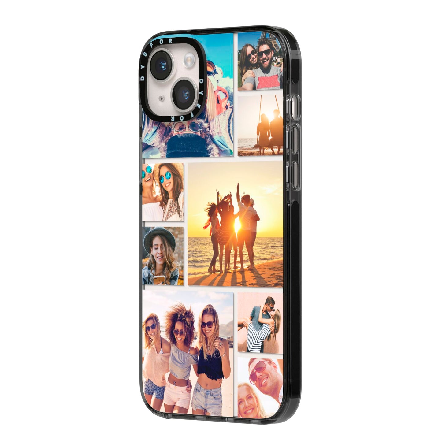 Abstract Photo Collage Upload iPhone 14 Plus Black Impact Case Side Angle on Silver phone