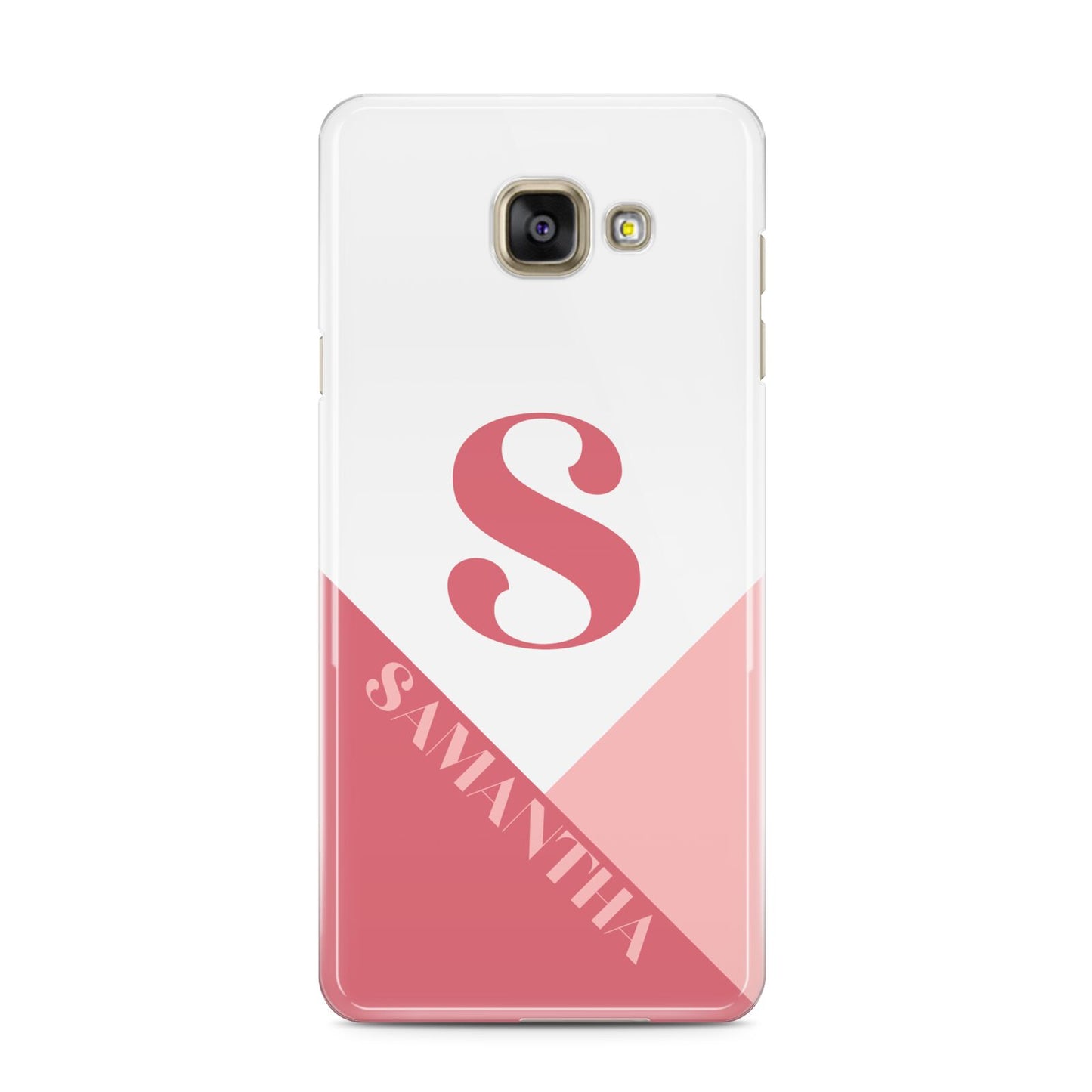 Abstract Pink Initial with Name Samsung Galaxy A3 2016 Case on gold phone