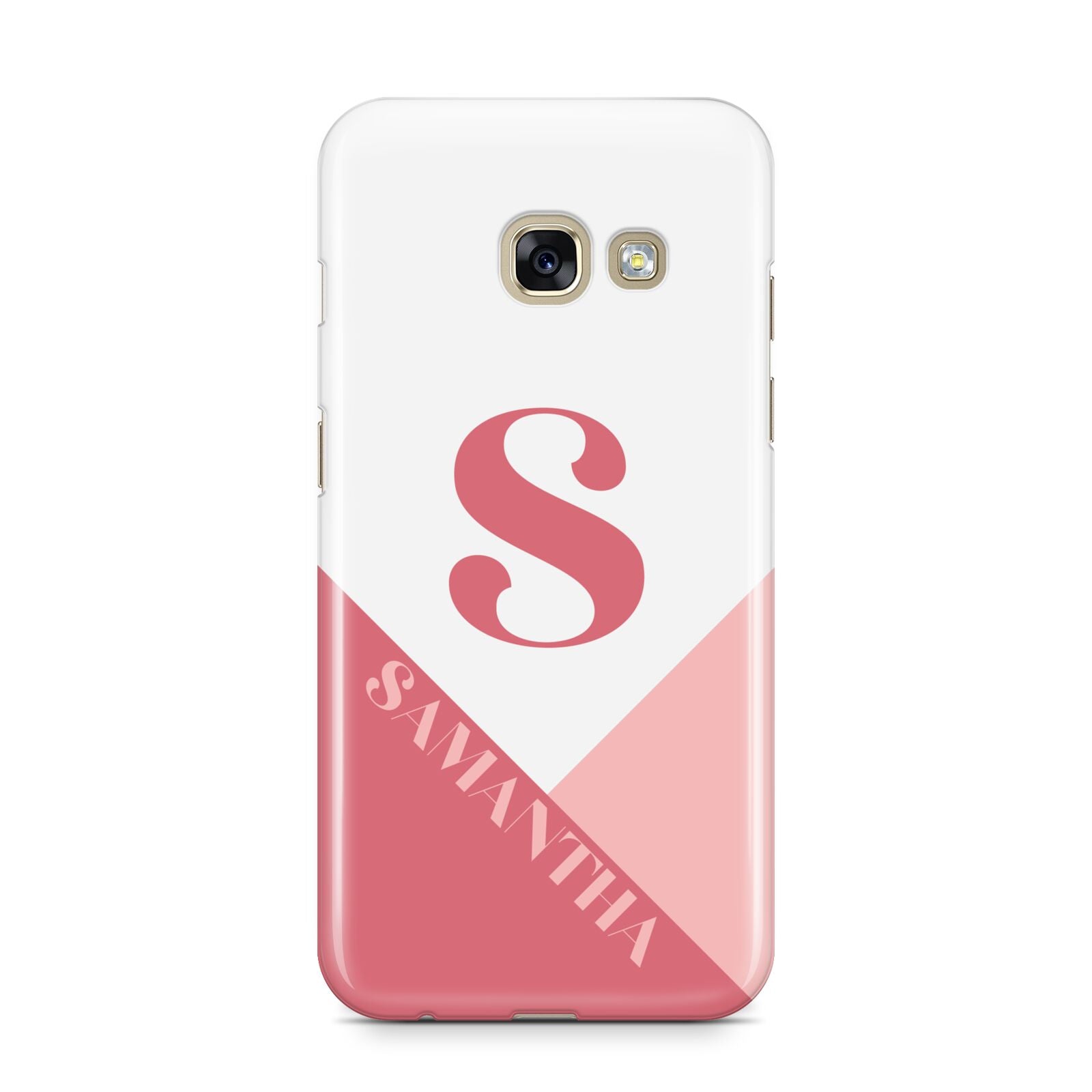 Abstract Pink Initial with Name Samsung Galaxy A3 2017 Case on gold phone