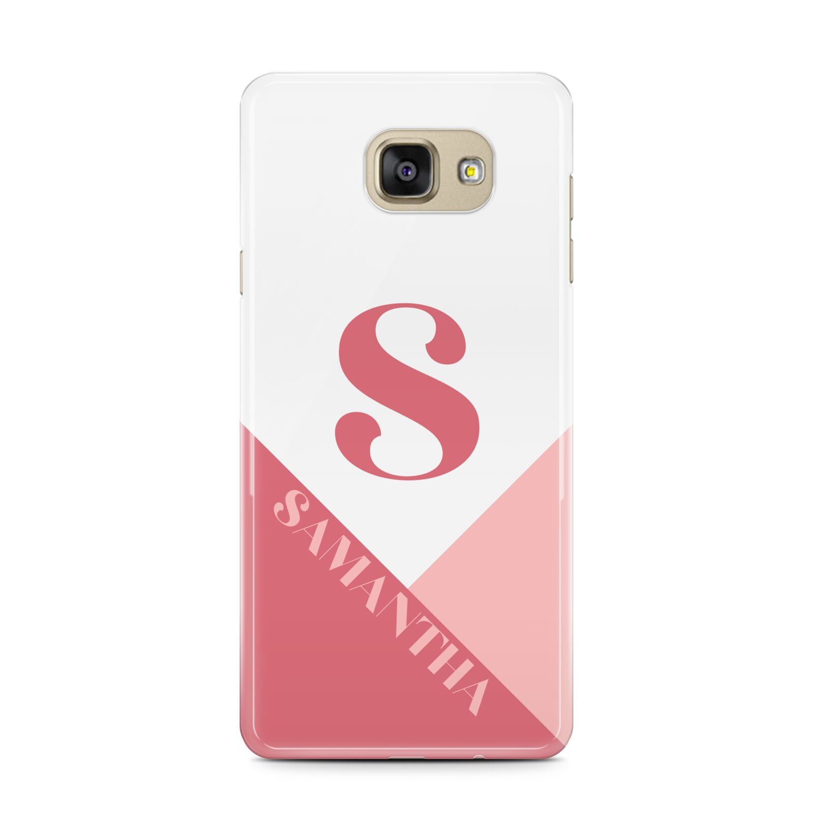 Abstract Pink Initial with Name Samsung Galaxy A7 2016 Case on gold phone