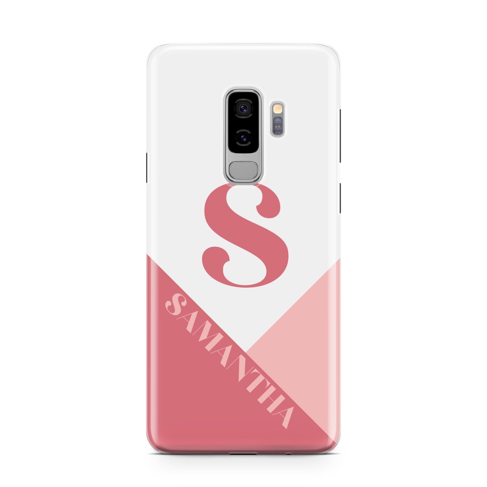Abstract Pink Initial with Name Samsung Galaxy S9 Plus Case on Silver phone