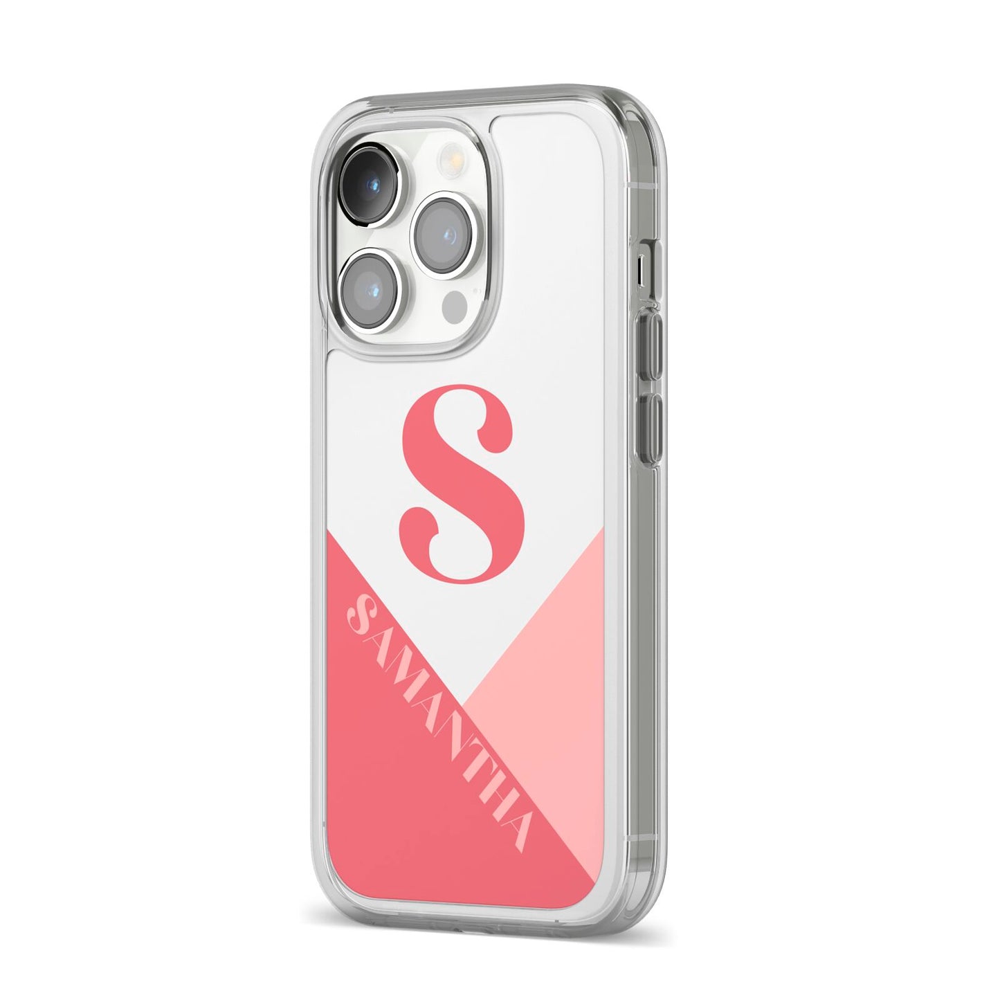 Abstract Pink Initial with Name iPhone 14 Pro Clear Tough Case Silver Angled Image