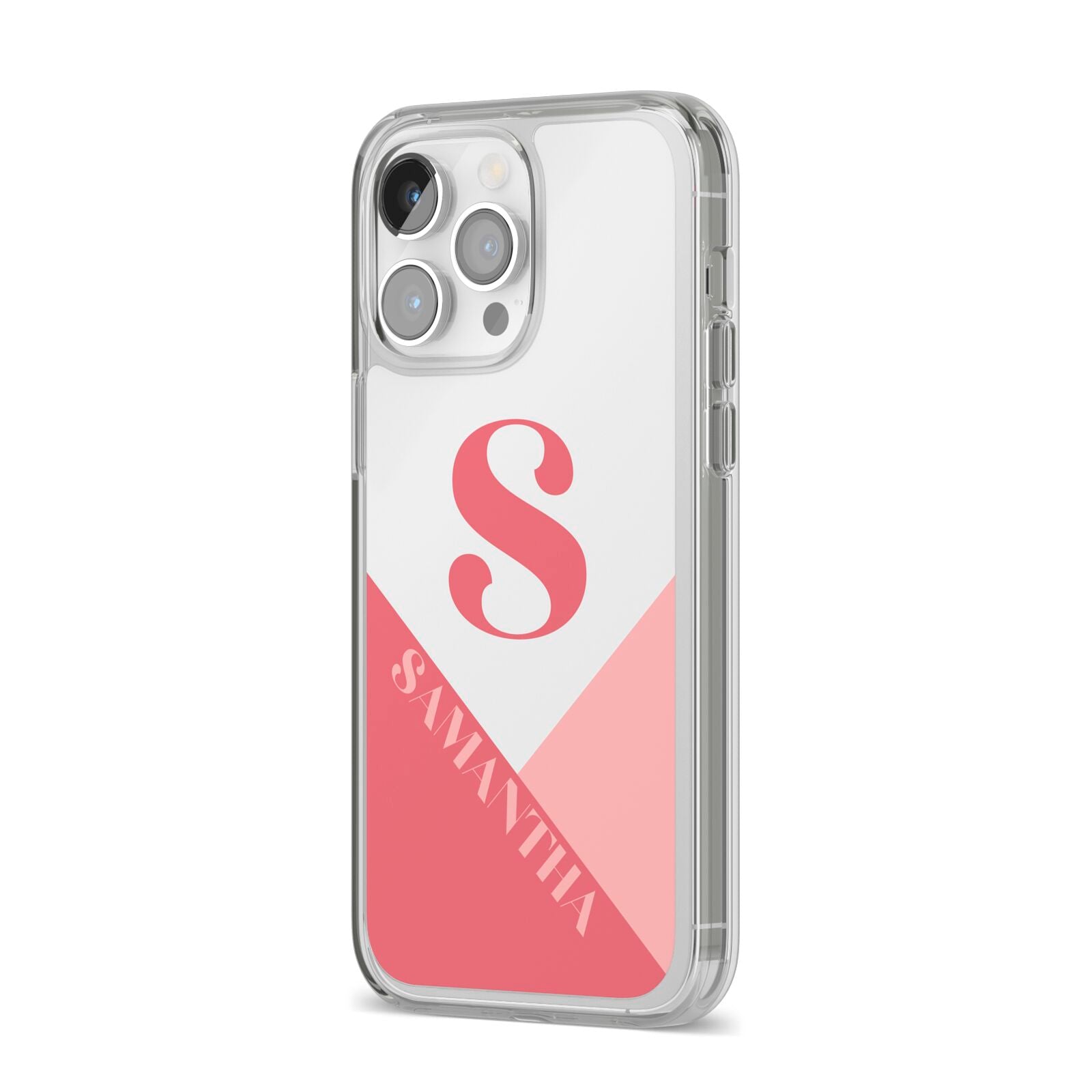 Abstract Pink Initial with Name iPhone 14 Pro Max Clear Tough Case Silver Angled Image