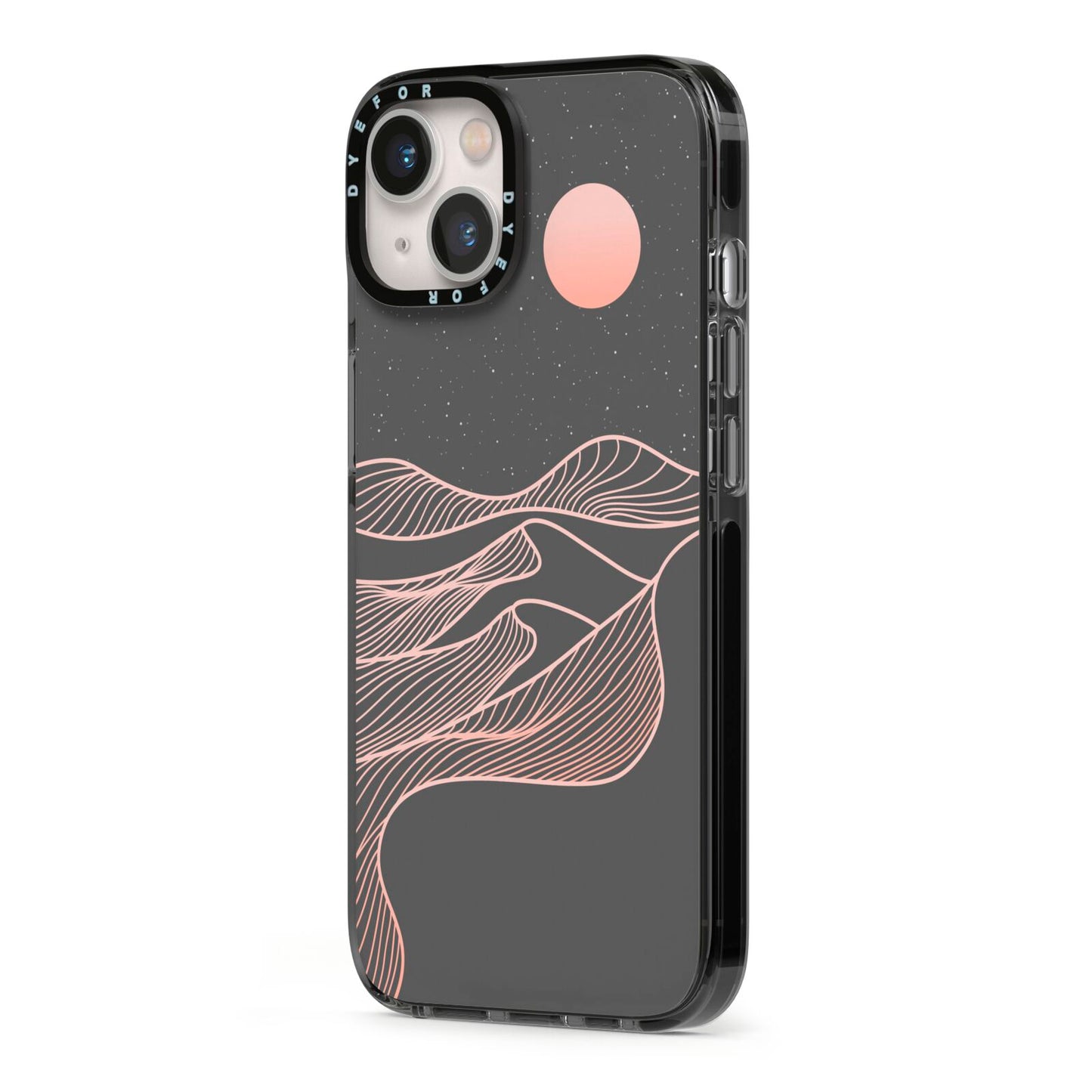 Abstract Sunset iPhone 13 Black Impact Case Side Angle on Silver phone