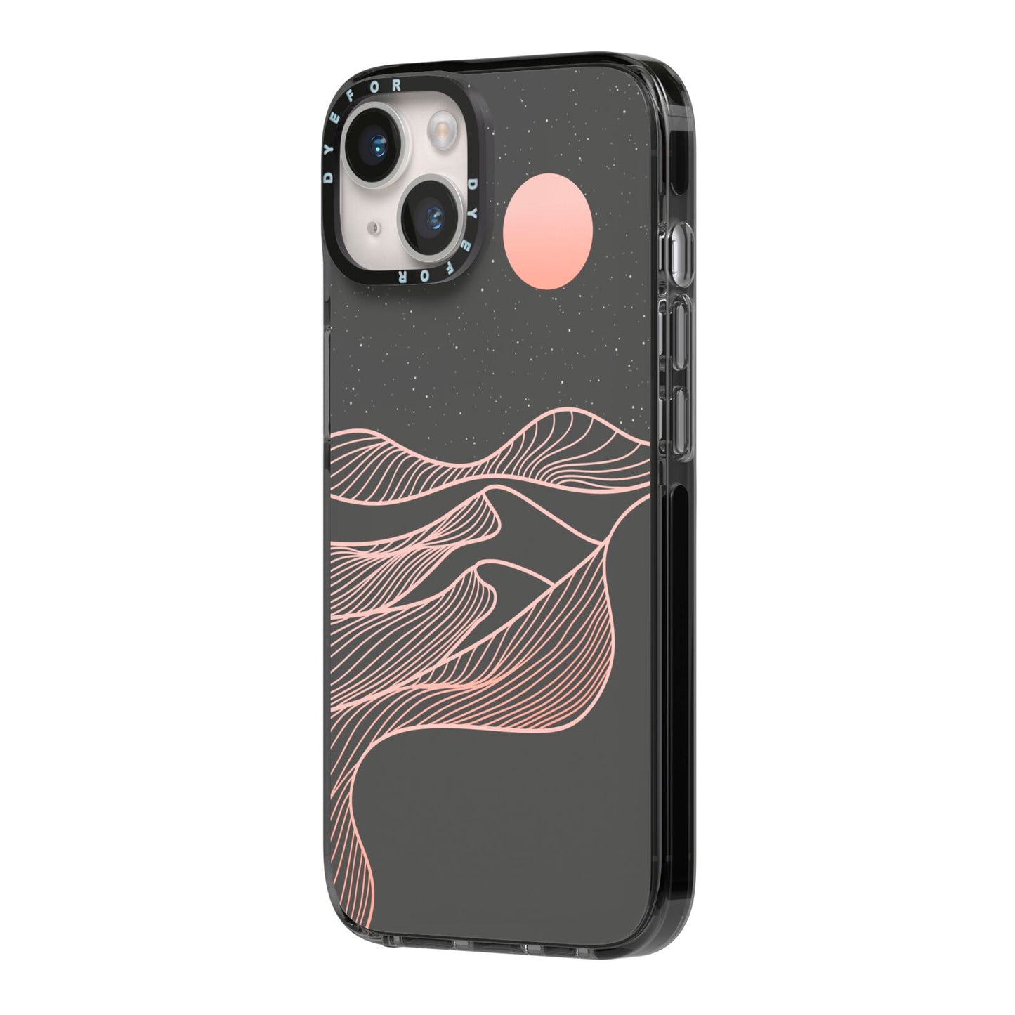 Abstract Sunset iPhone 14 Black Impact Case Side Angle on Silver phone