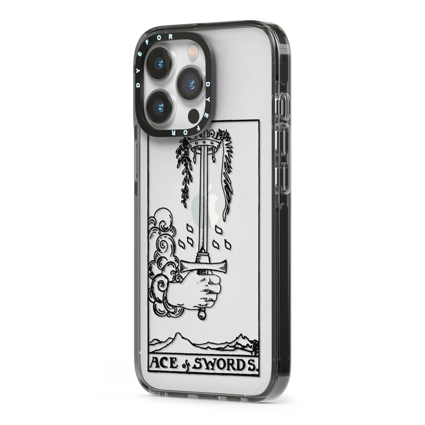 Ace of Swords Monochrome iPhone 13 Pro Black Impact Case Side Angle on Silver phone