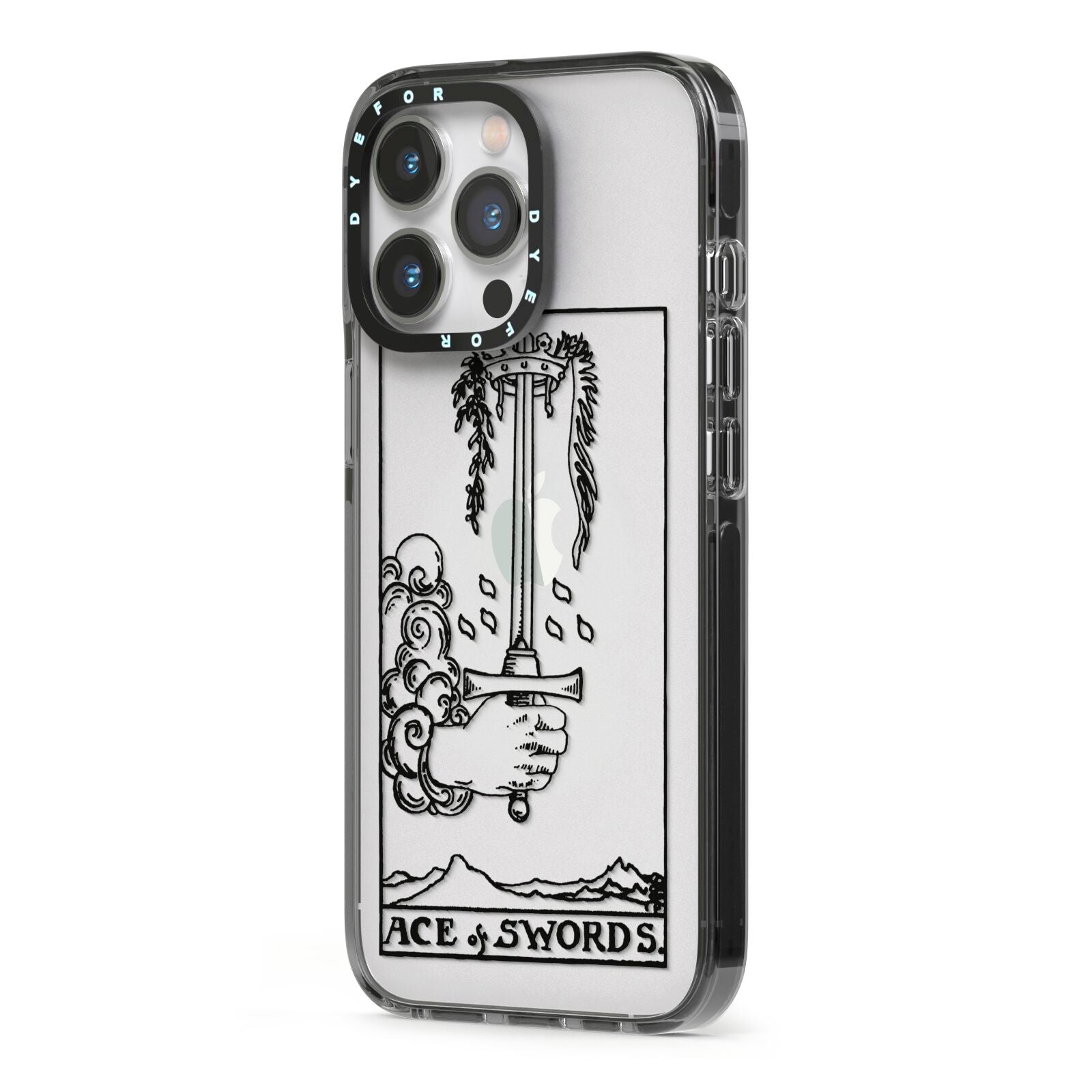 Ace of Swords Monochrome iPhone 13 Pro Black Impact Case Side Angle on Silver phone