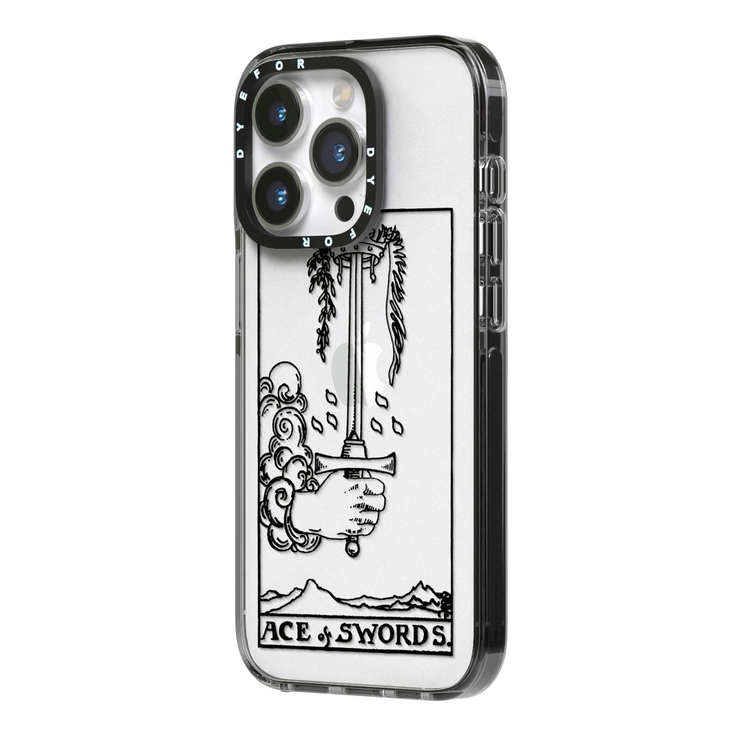 Ace of Swords Monochrome iPhone 14 Pro Black Impact Case Side Angle on Silver phone