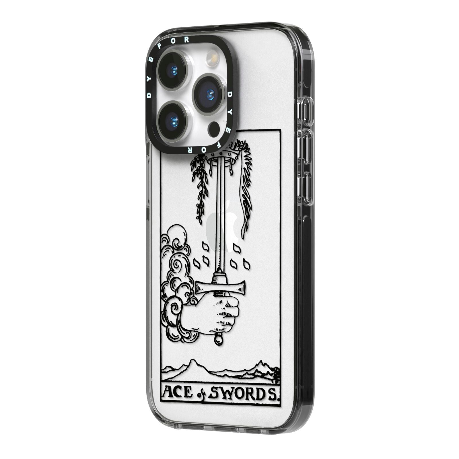 Ace of Swords Monochrome iPhone 14 Pro Black Impact Case Side Angle on Silver phone