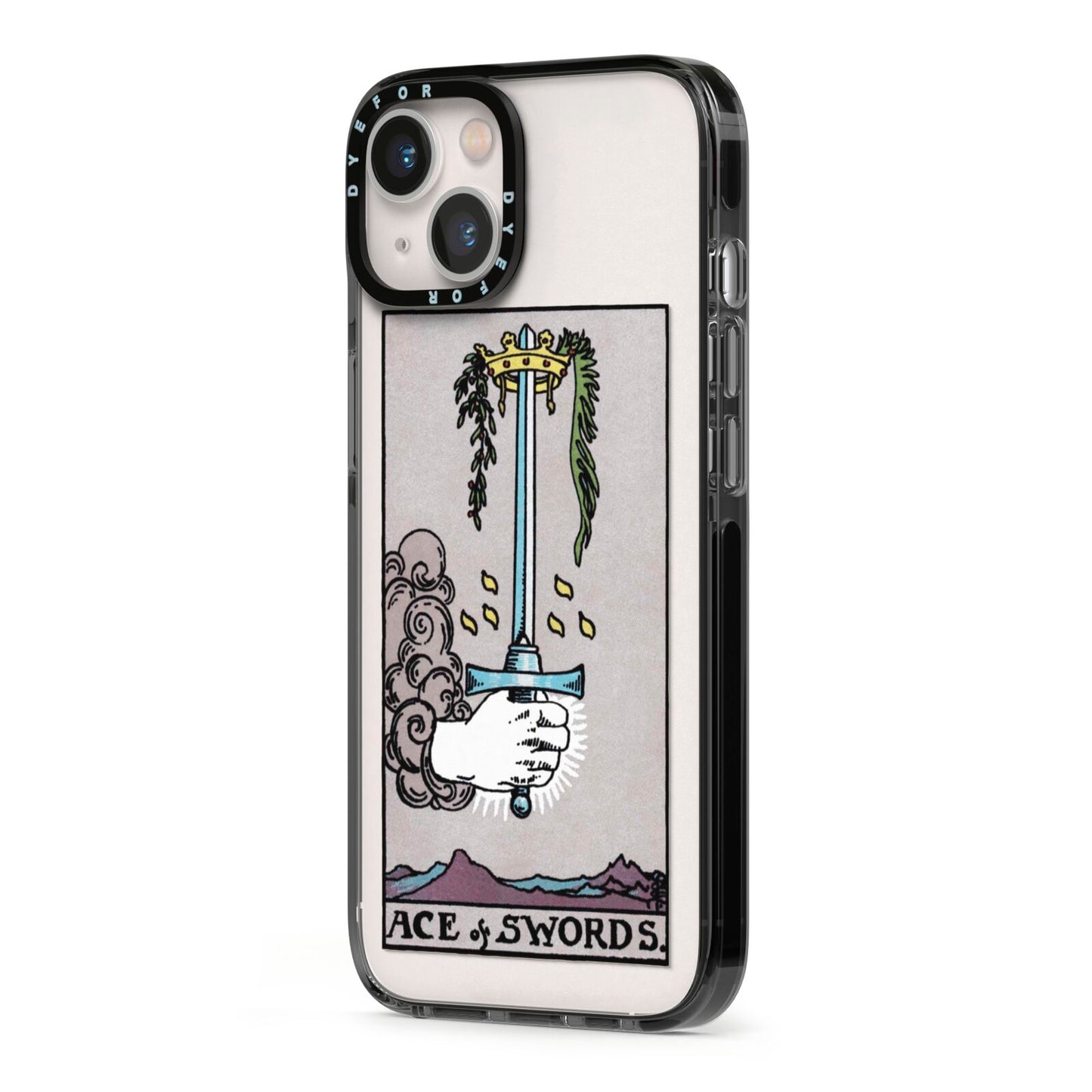 Ace of Swords Tarot Card iPhone 13 Black Impact Case Side Angle on Silver phone