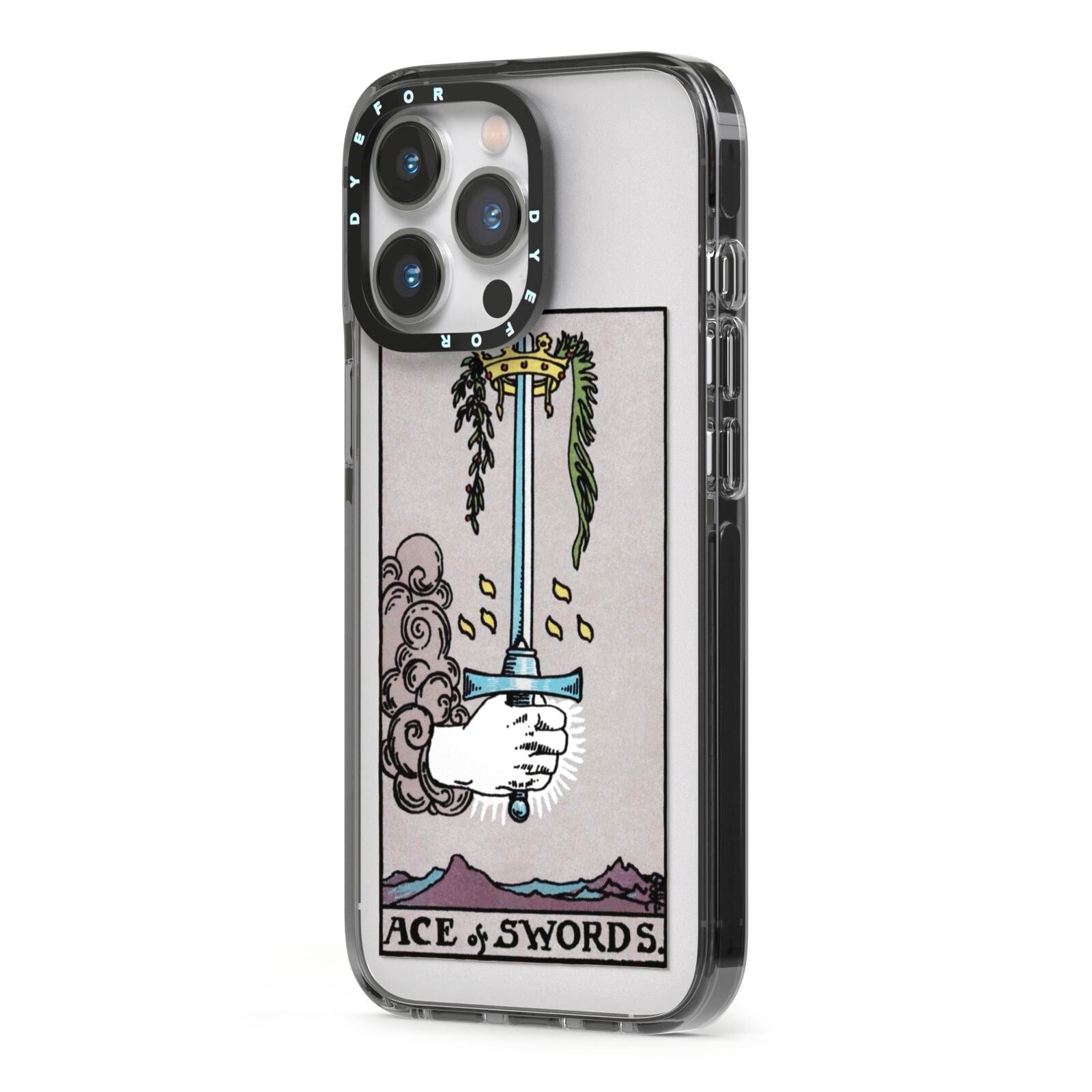 Ace of Swords Tarot Card iPhone 13 Pro Black Impact Case Side Angle on Silver phone