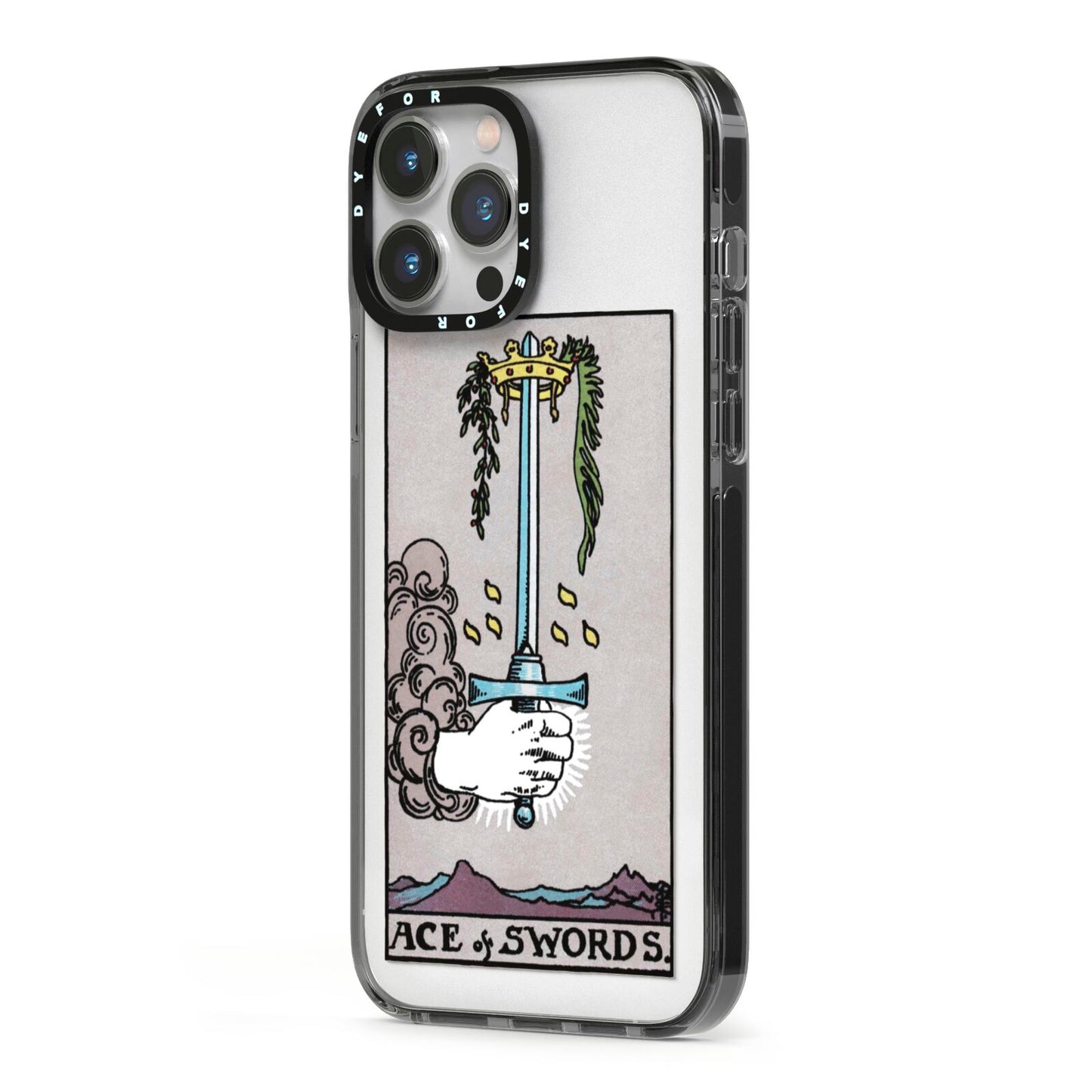 Ace of Swords Tarot Card iPhone 13 Pro Max Black Impact Case Side Angle on Silver phone