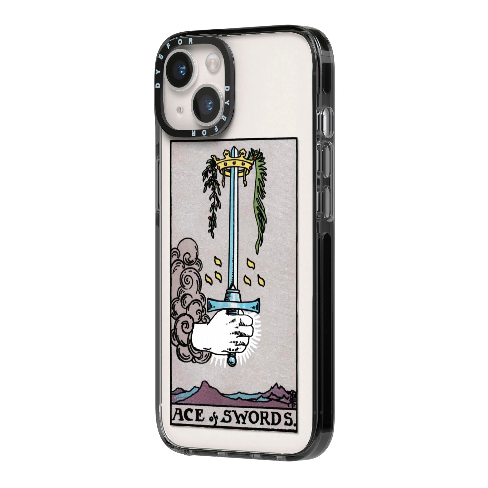 Ace of Swords Tarot Card iPhone 14 Black Impact Case Side Angle on Silver phone