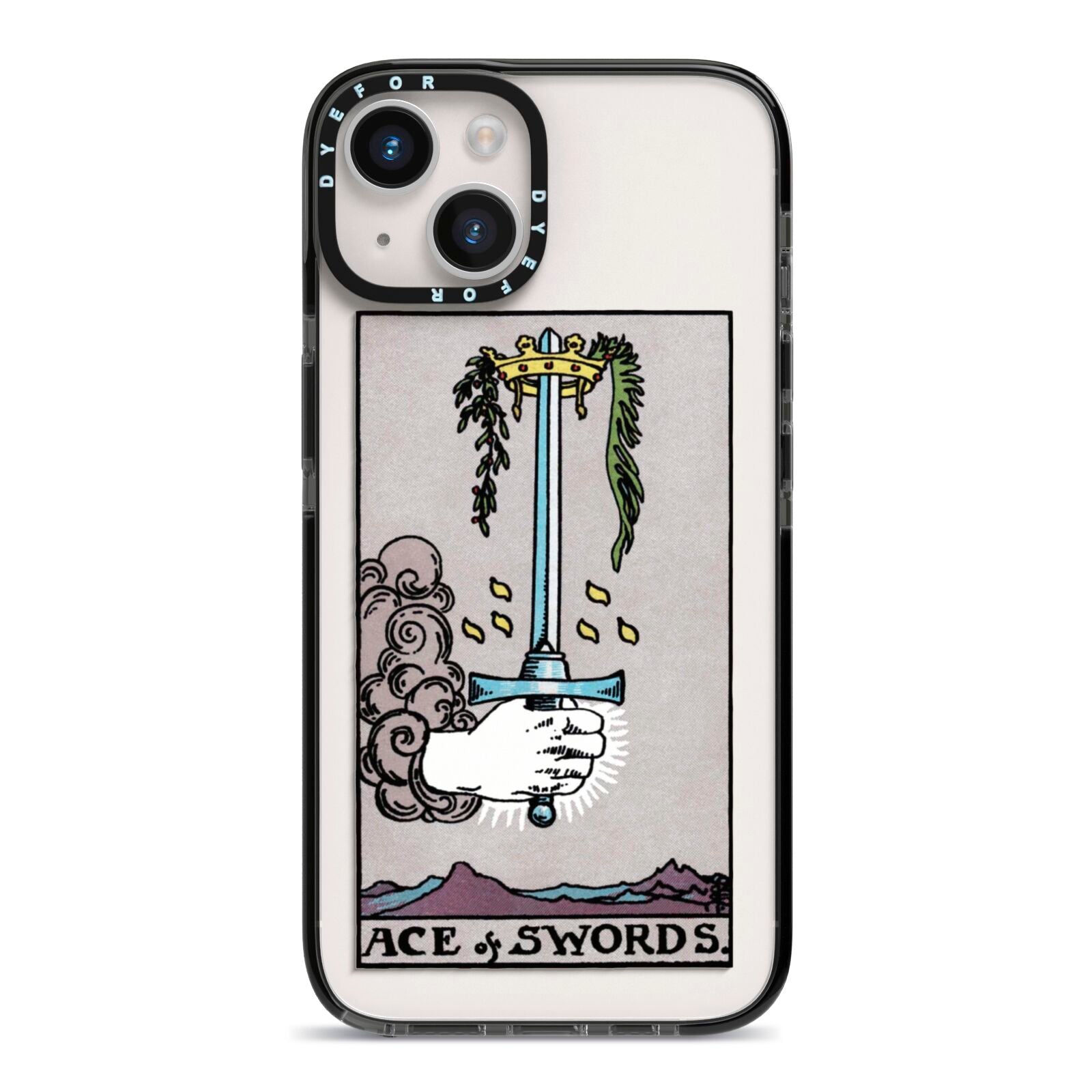 Ace of Swords Tarot Card iPhone 14 Black Impact Case on Silver phone