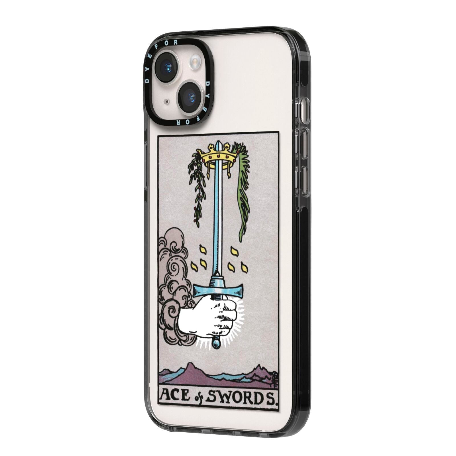 Ace of Swords Tarot Card iPhone 14 Plus Black Impact Case Side Angle on Silver phone