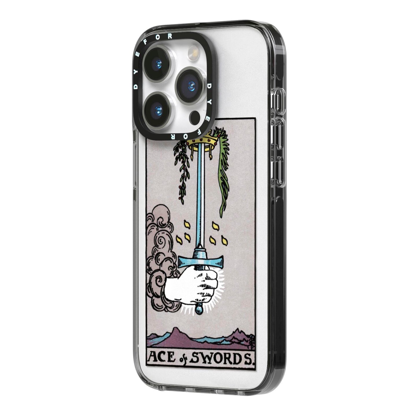 Ace of Swords Tarot Card iPhone 14 Pro Black Impact Case Side Angle on Silver phone