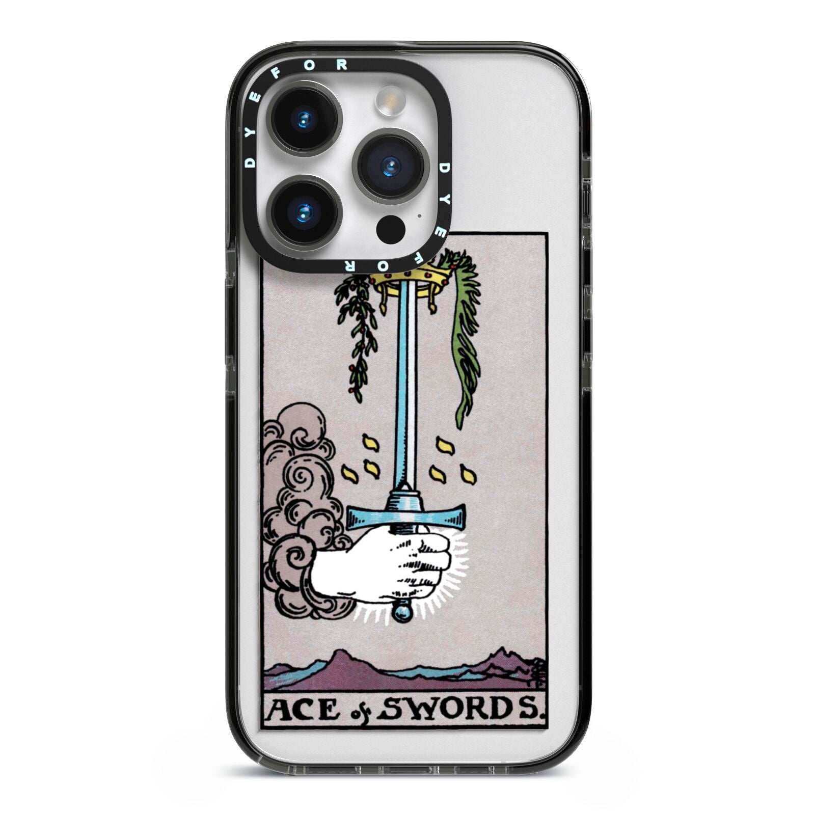 Ace of Swords Tarot Card iPhone 14 Pro Black Impact Case on Silver phone