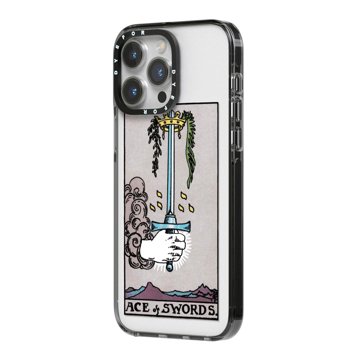 Ace of Swords Tarot Card iPhone 14 Pro Max Black Impact Case Side Angle on Silver phone