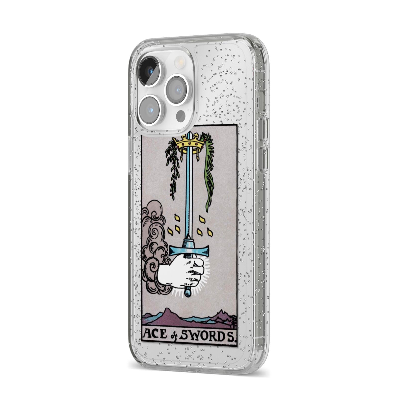 Ace of Swords Tarot Card iPhone 14 Pro Max Glitter Tough Case Silver Angled Image