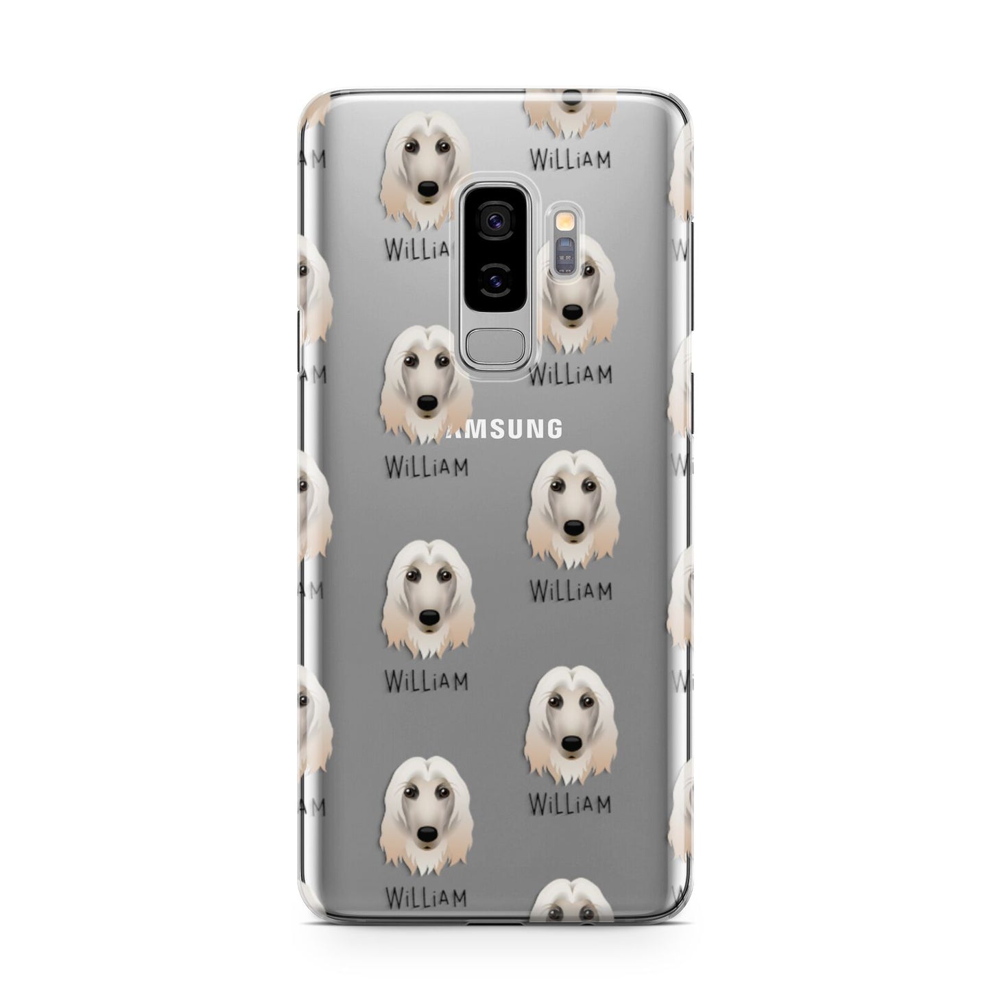 Afghan Hound Icon with Name Samsung Galaxy S9 Plus Case on Silver phone