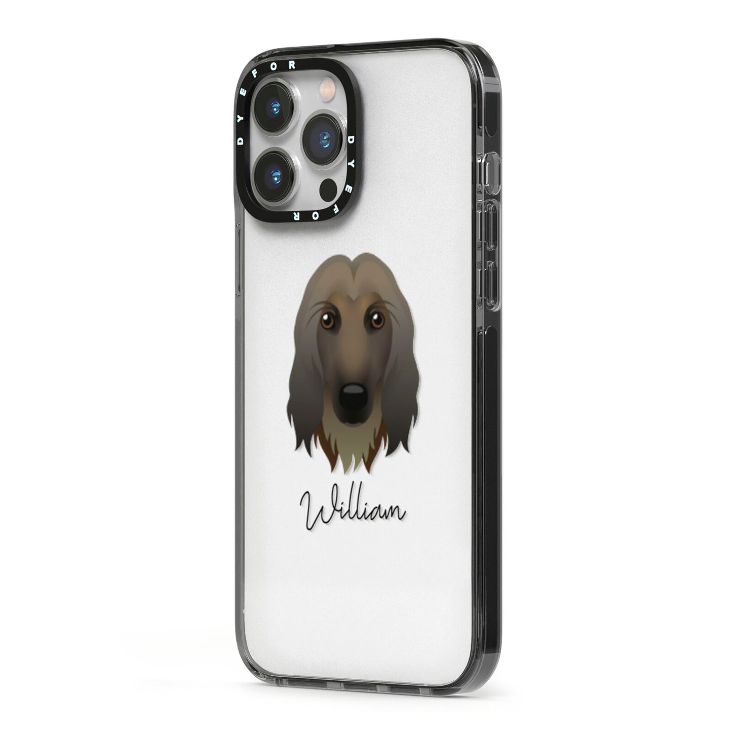 Afghan Hound Personalised iPhone 13 Pro Max Black Impact Case Side Angle on Silver phone