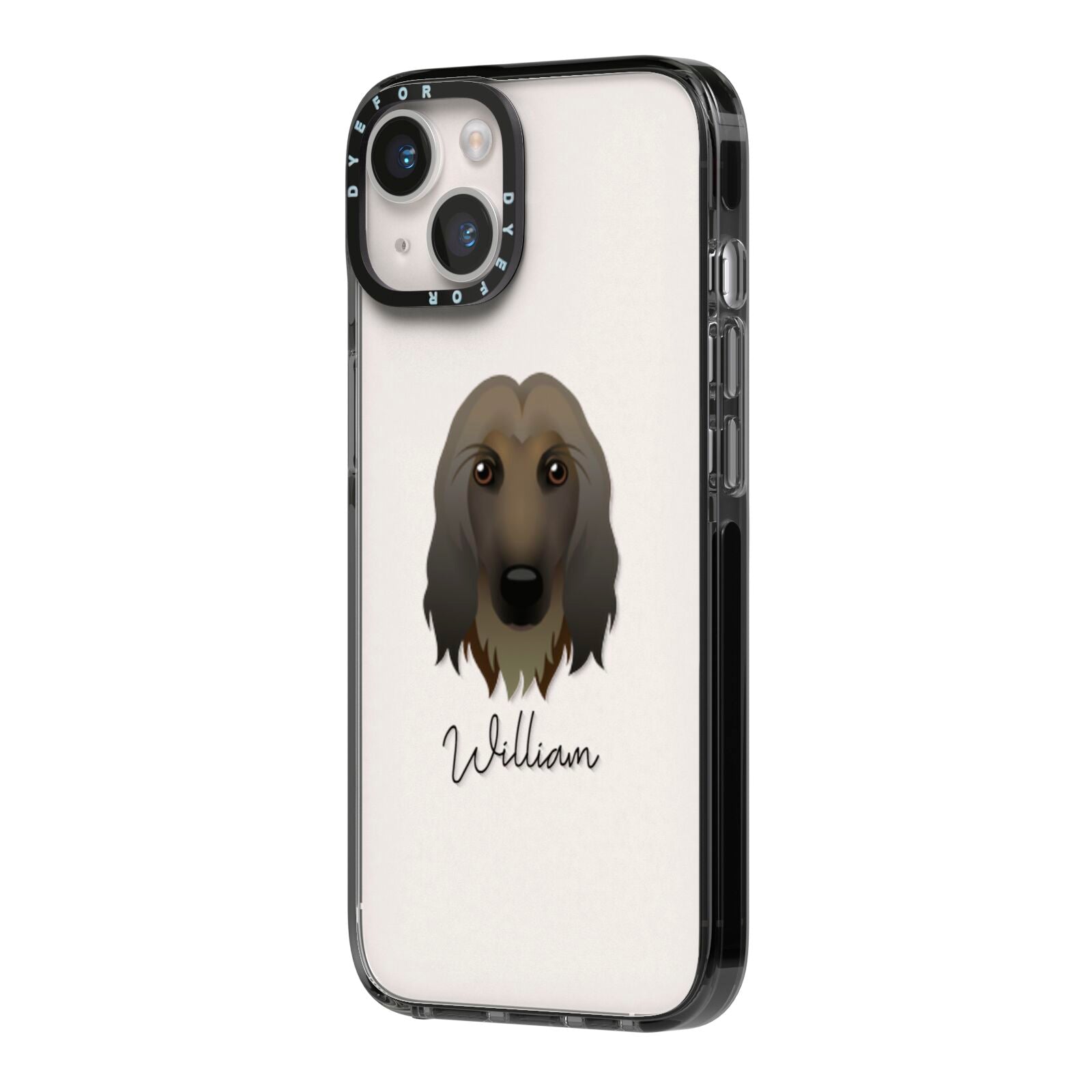Afghan Hound Personalised iPhone 14 Black Impact Case Side Angle on Silver phone