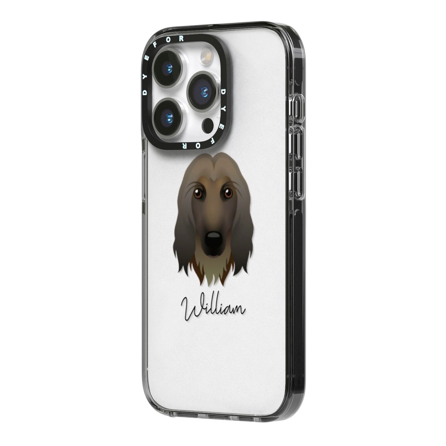 Afghan Hound Personalised iPhone 14 Pro Black Impact Case Side Angle on Silver phone