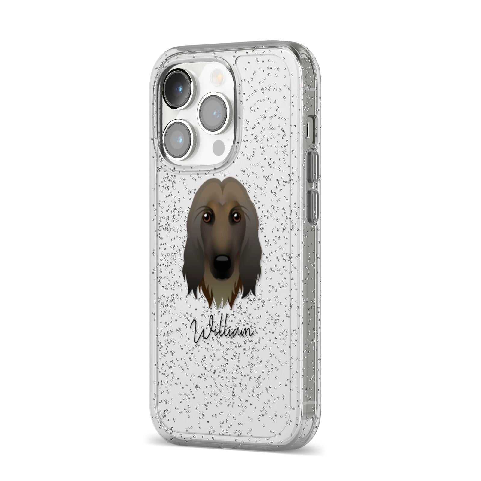 Afghan Hound Personalised iPhone 14 Pro Glitter Tough Case Silver Angled Image