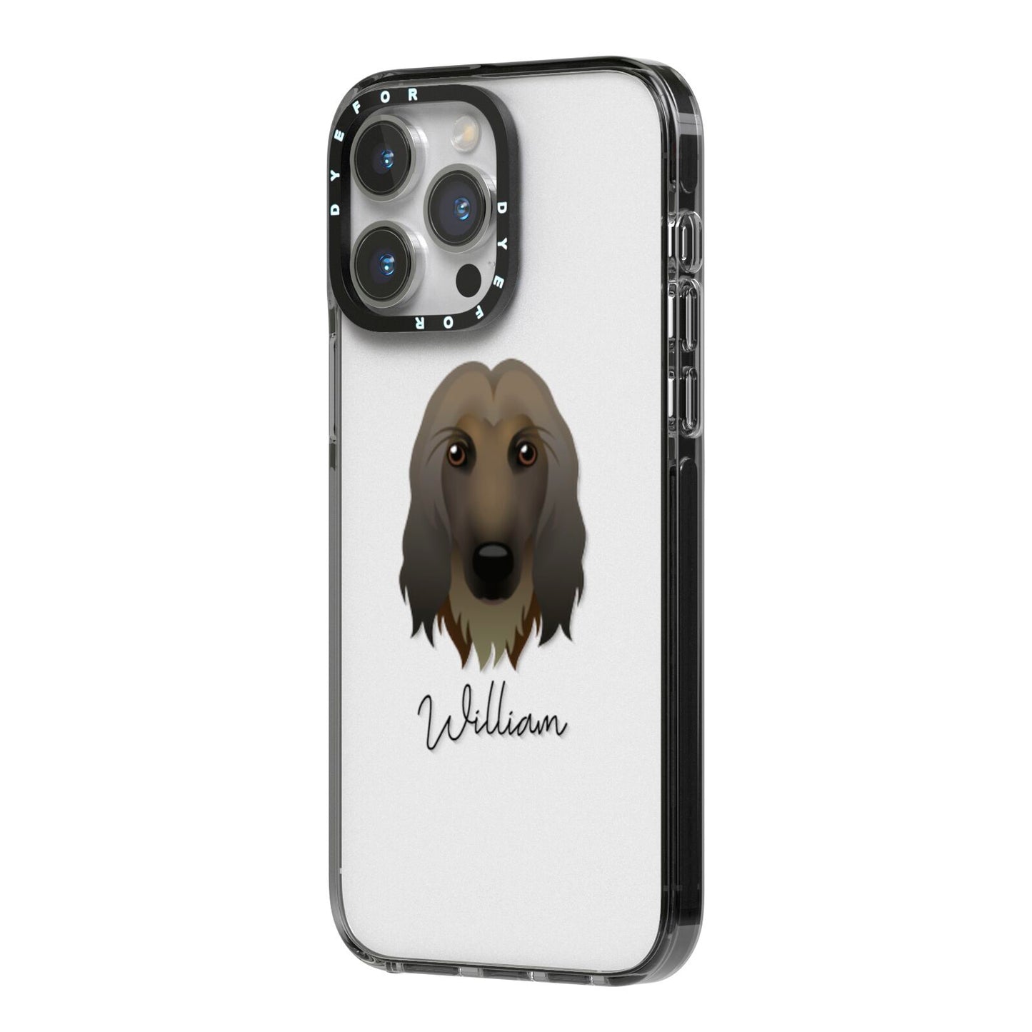 Afghan Hound Personalised iPhone 14 Pro Max Black Impact Case Side Angle on Silver phone