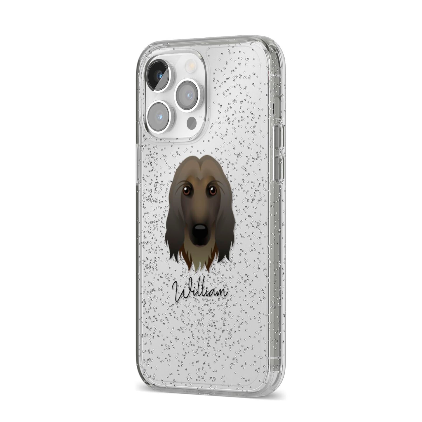 Afghan Hound Personalised iPhone 14 Pro Max Glitter Tough Case Silver Angled Image