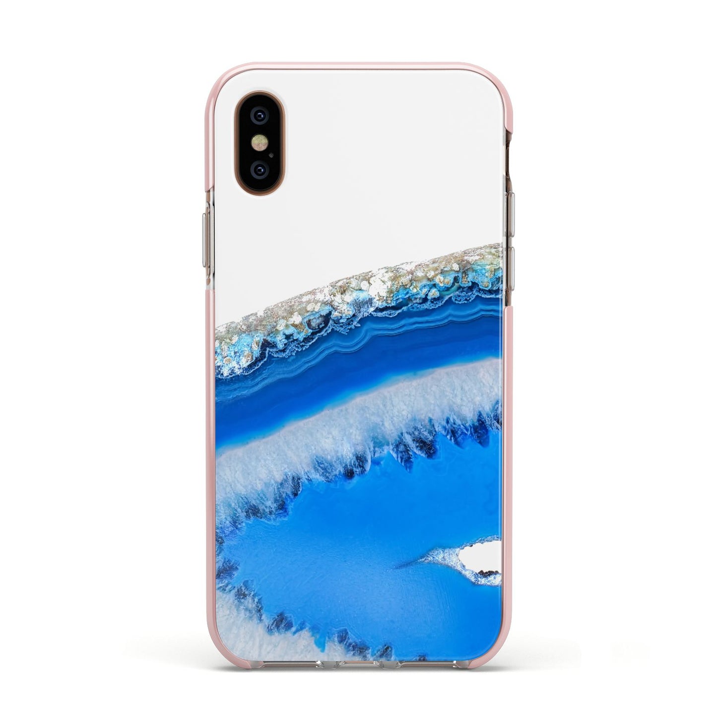 Agate Blue Apple iPhone Xs Impact Case Pink Edge on Gold Phone