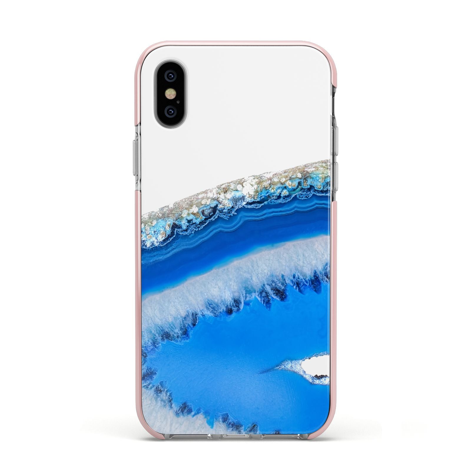 Agate Blue Apple iPhone Xs Impact Case Pink Edge on Silver Phone