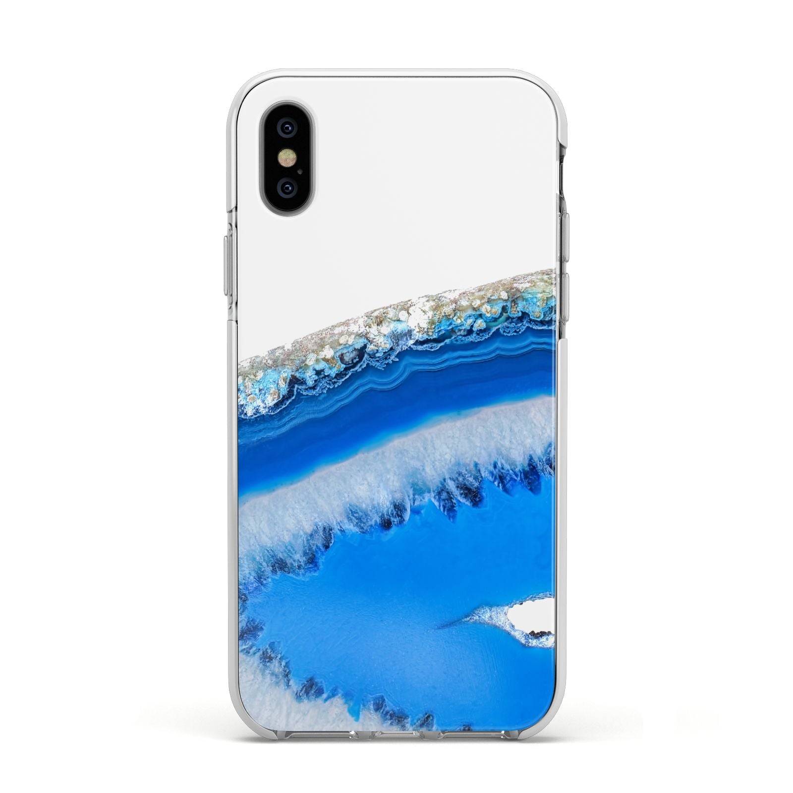 Agate Blue Apple iPhone Xs Impact Case White Edge on Silver Phone