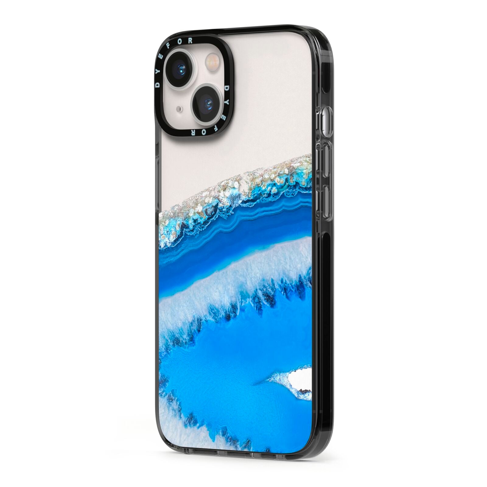Agate Blue iPhone 13 Black Impact Case Side Angle on Silver phone