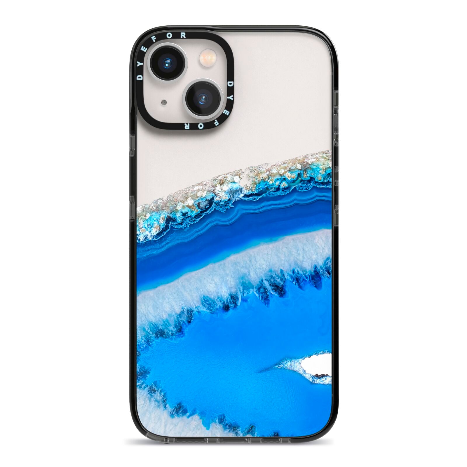 Agate Blue iPhone 13 Black Impact Case on Silver phone