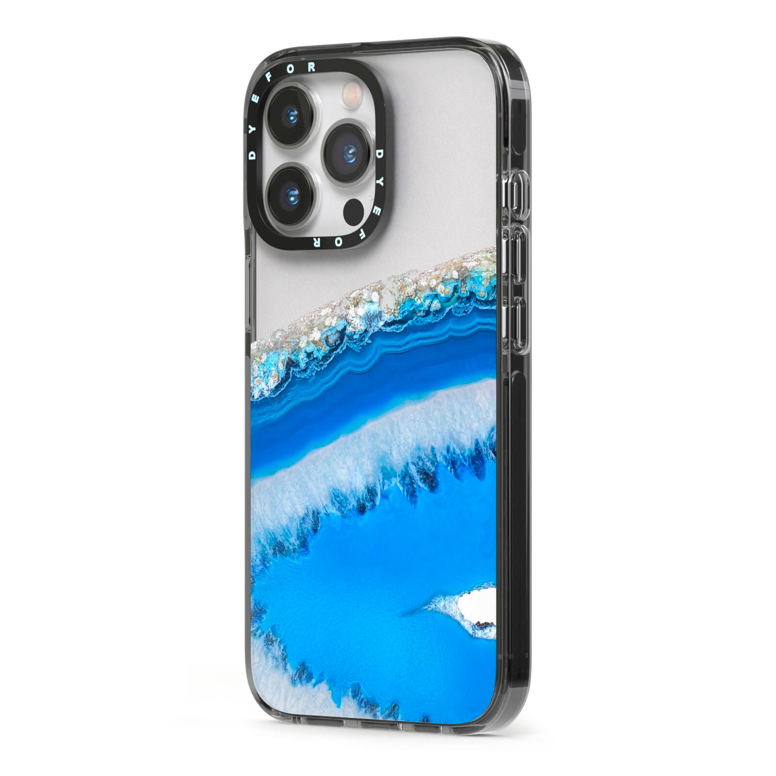 Agate Blue iPhone 13 Pro Black Impact Case Side Angle on Silver phone