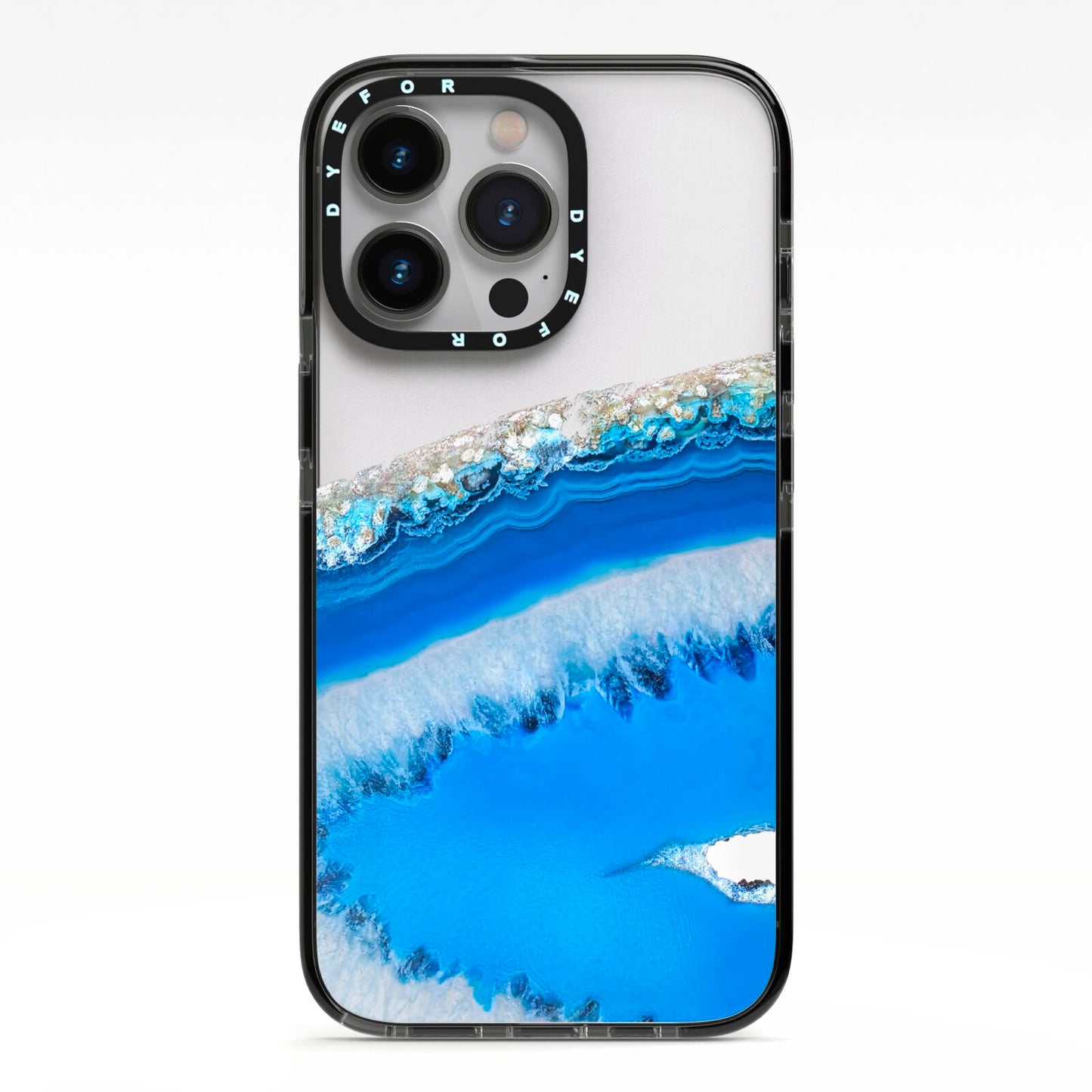 Agate Blue iPhone 13 Pro Black Impact Case on Silver phone