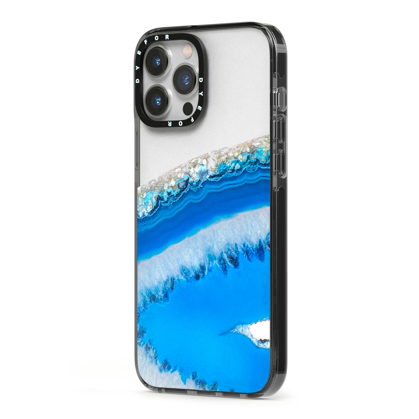 Agate Blue iPhone 13 Pro Max Black Impact Case Side Angle on Silver phone