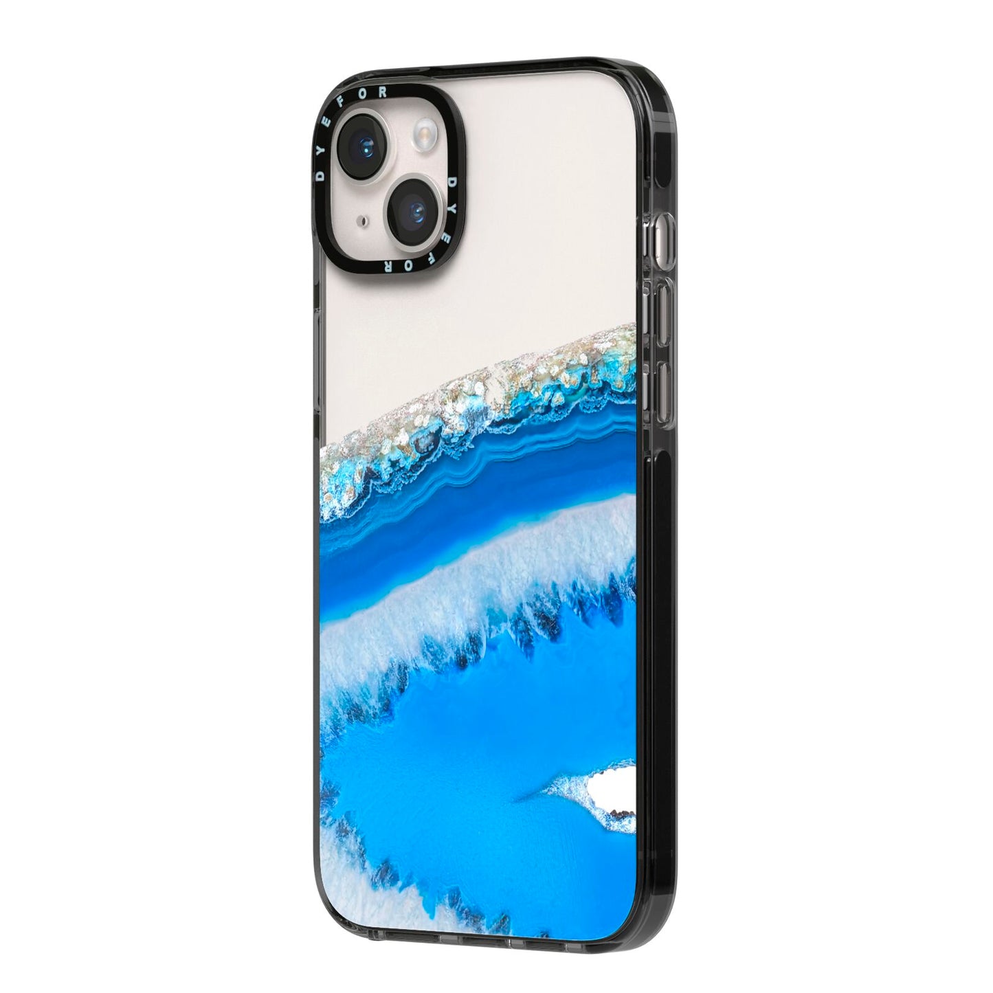 Agate Blue iPhone 14 Plus Black Impact Case Side Angle on Silver phone