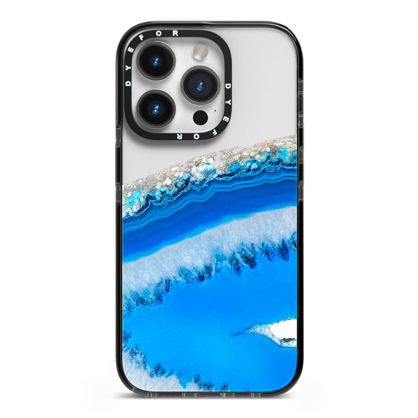 Agate Blue iPhone 14 Pro Black Impact Case on Silver phone